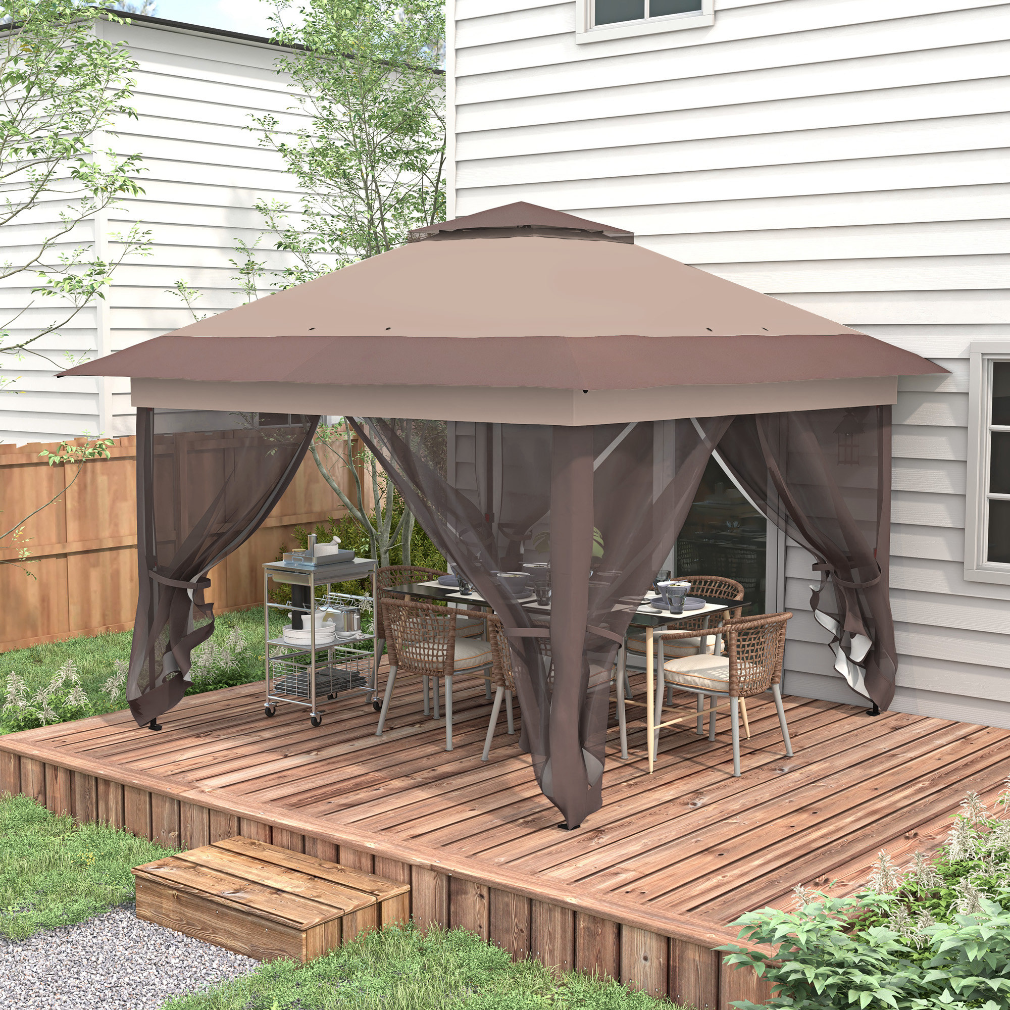 Outsunny 3.6 x 3.6 m Pop up Gazebo with Netting, Height Adjustable Party Tent Instant Canopy Sun Shade Shelter, Khaki 2