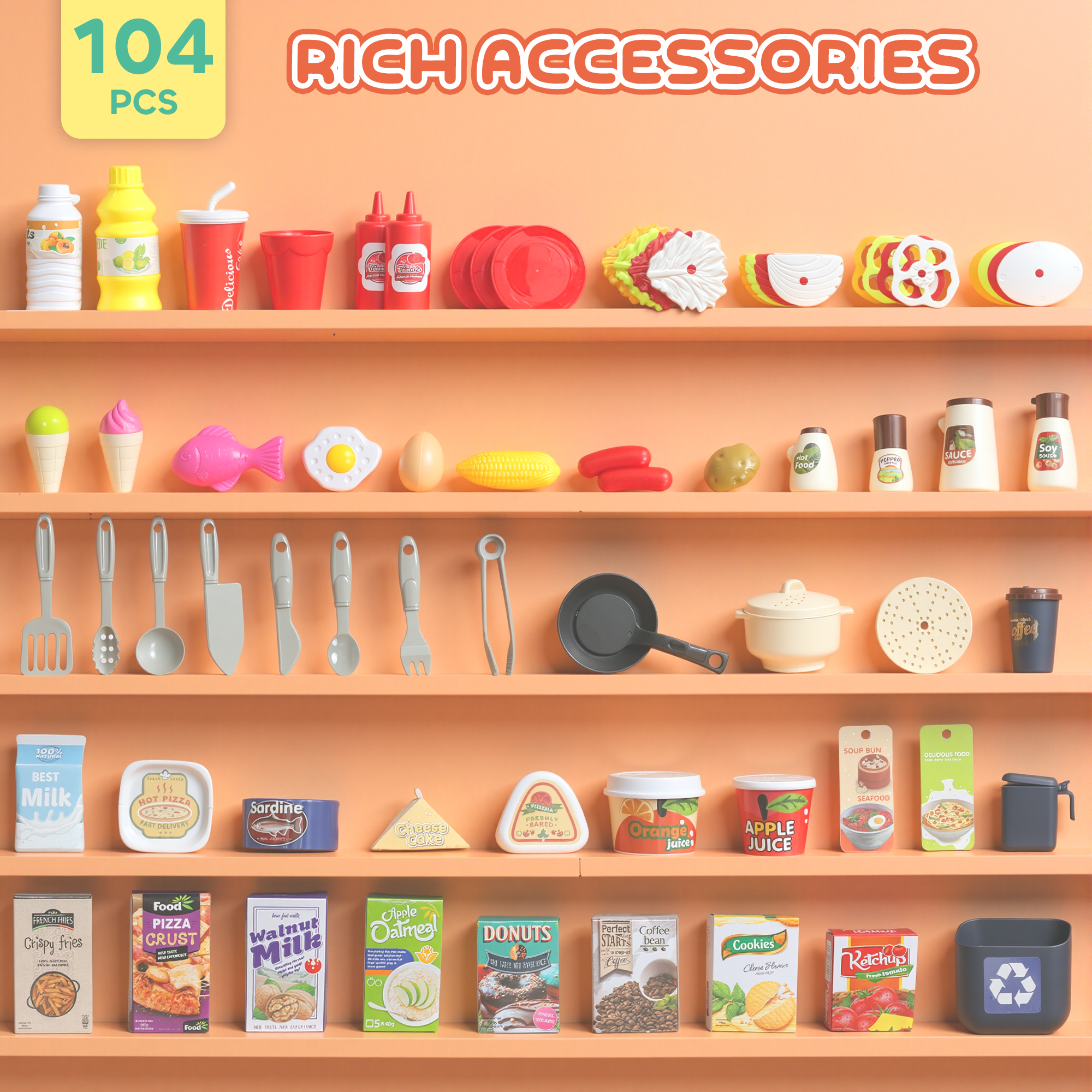 AIYAPLAY Pretend Play Kitchen Set with Realistic Lights & Sounds, 104PCS Toy Kitchen Accessories for Boys and Girls, Pink 7