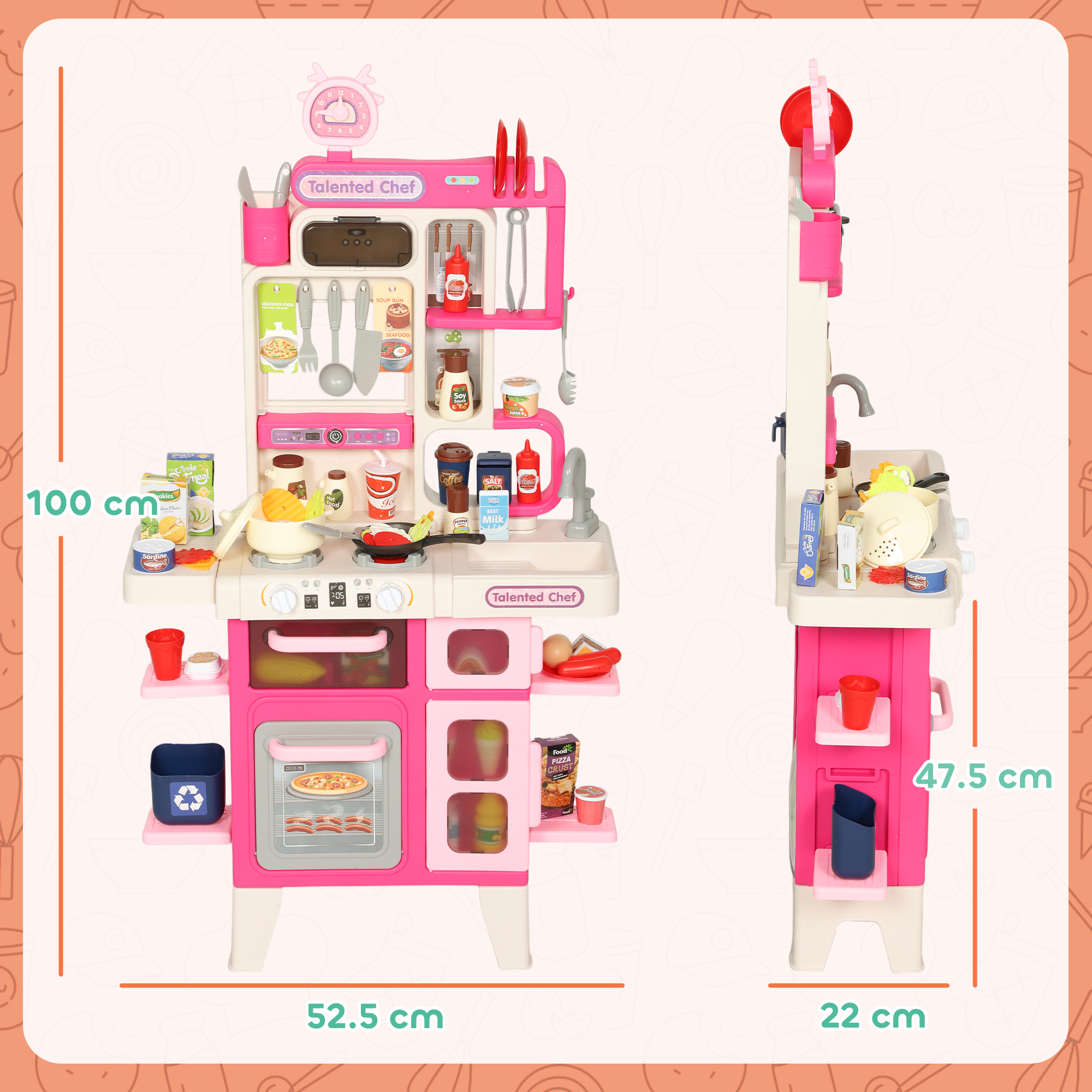 AIYAPLAY Pretend Play Kitchen Set with Realistic Lights & Sounds, 104PCS Toy Kitchen Accessories for Boys and Girls, Pink 3