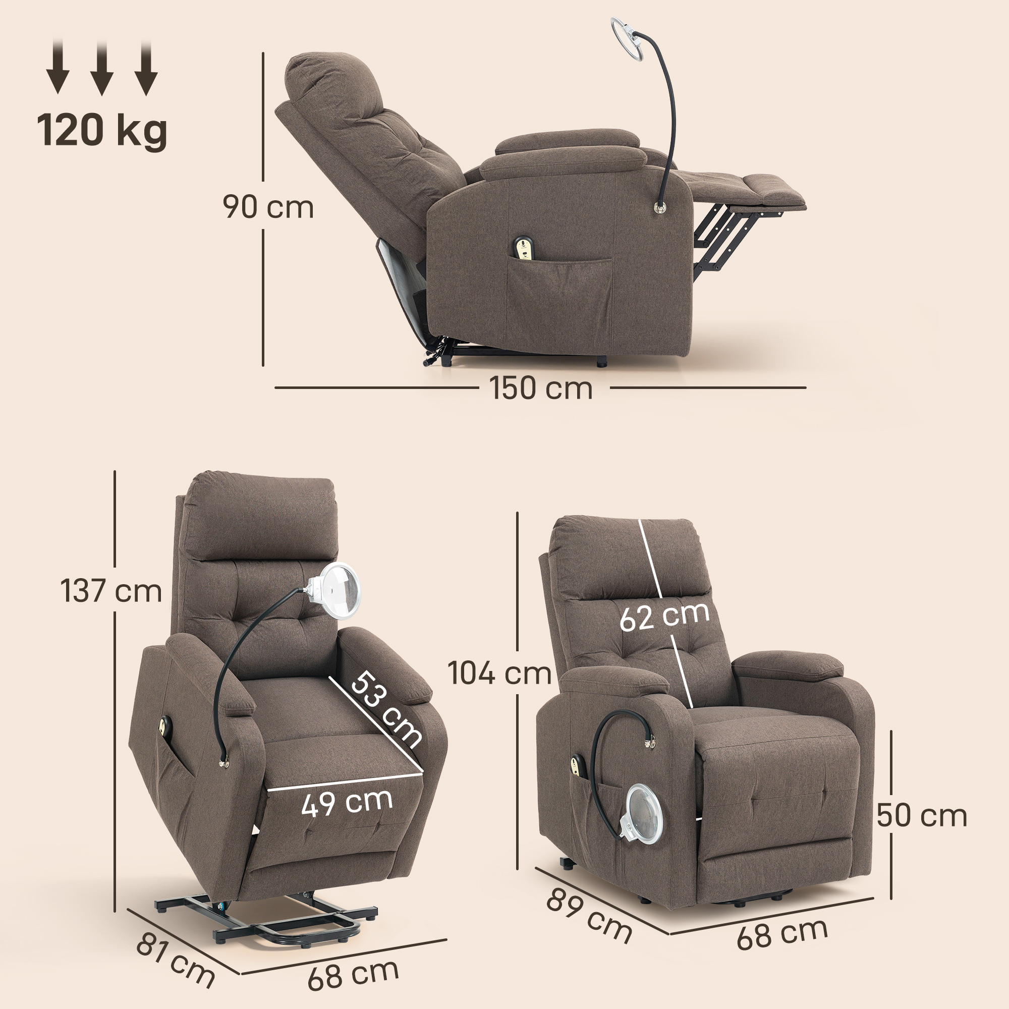 HOMCOM Electric Rise/Recline Armchair, with Reading Light Brown 3