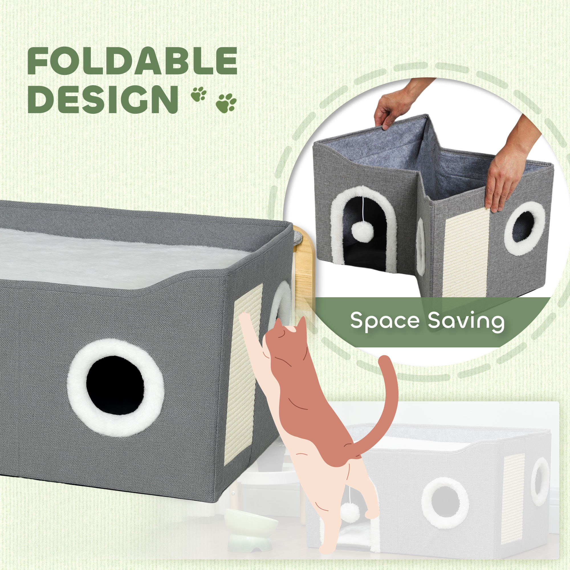 PawHut Cat Bed for Indoor Pets, Foldable Cat House with Fluffy Ball and Scratch Pad for Small and Medium Pets, Grey 7