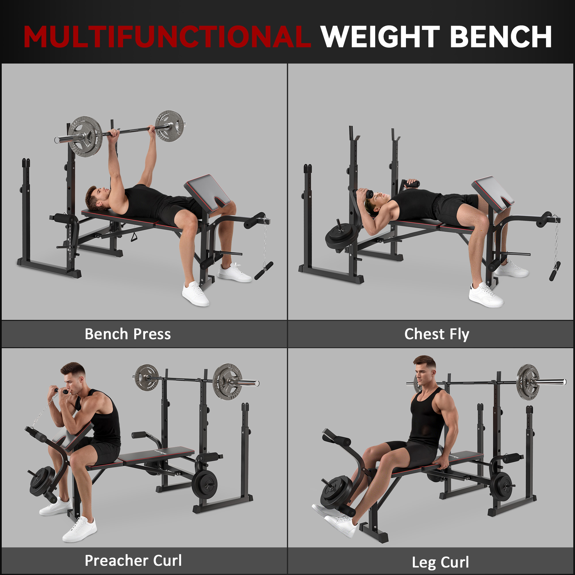 SPORTNOW Weight Bench with Two Barbell Racks, Leg Curl Machine, Preacher Curl Bench, Black 4