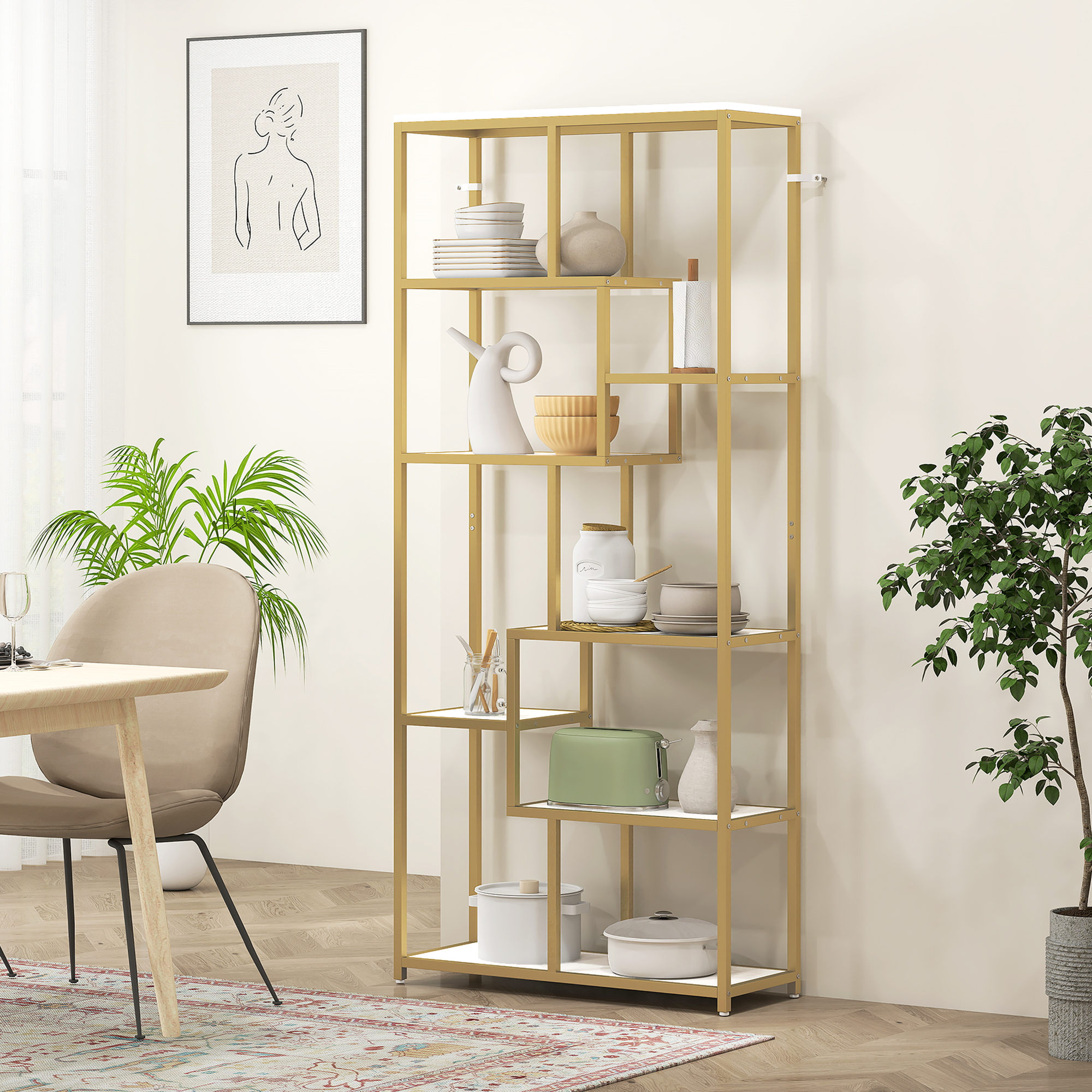 HOMCOM Seven-Tier Geometric Bookcase White/Gold Tone 8