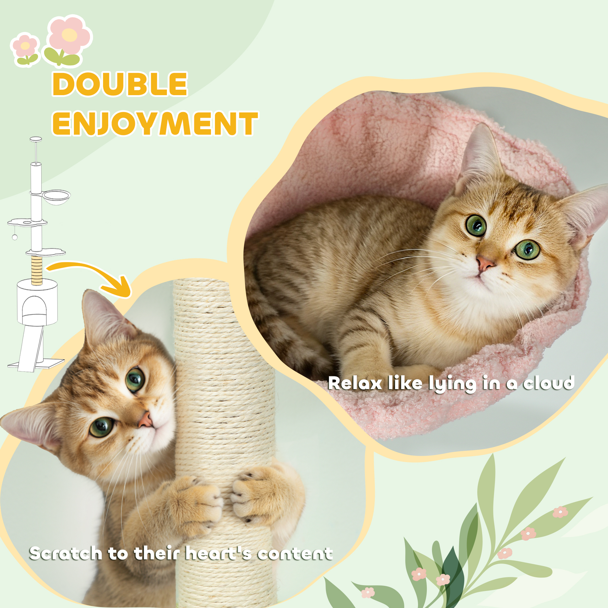 PawHut 220-240 cm Floor to Ceiling Cat Tree Adjustable Height with Hammock, Condo, Scratching Posts, Green 8