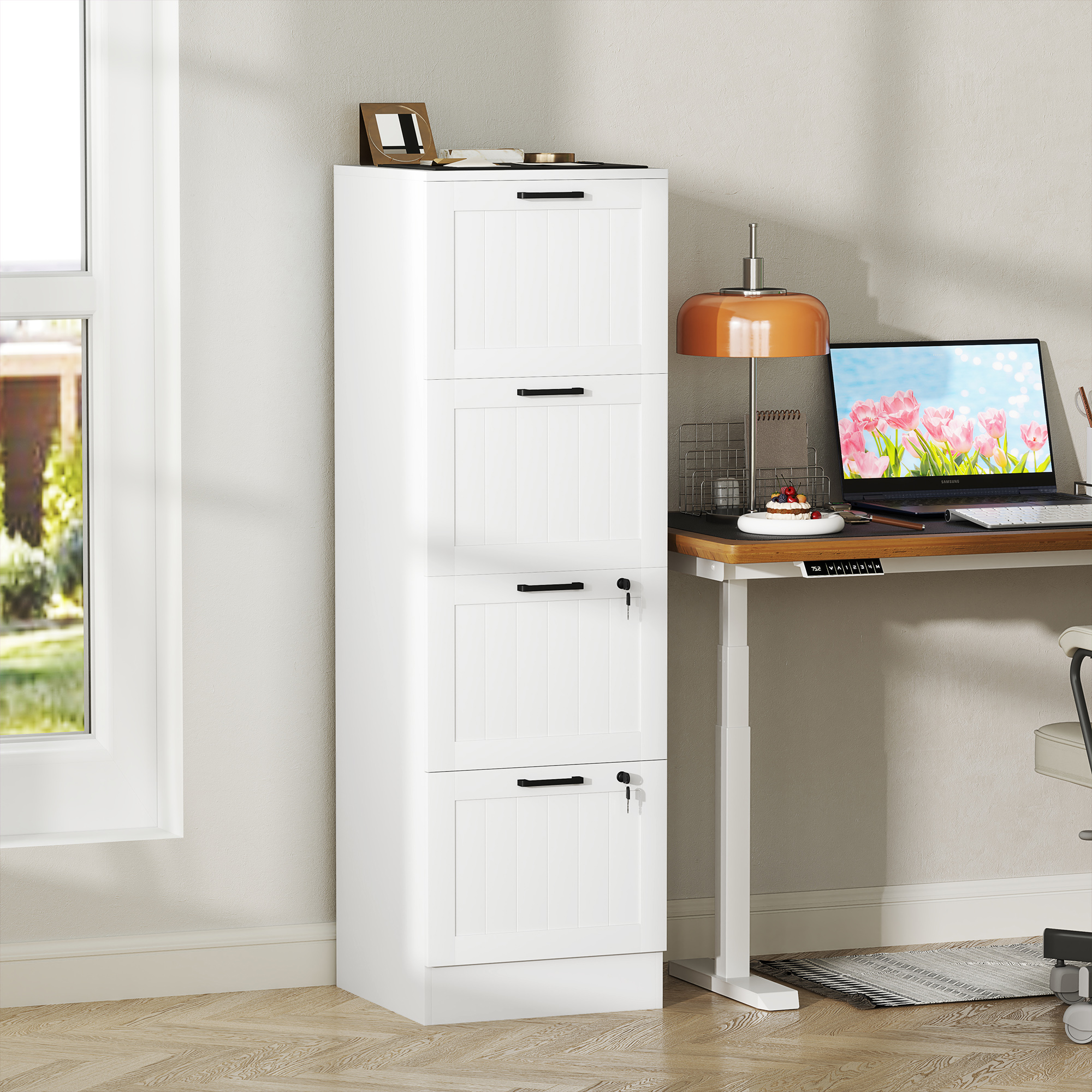 HOMCOM 4 Drawer Filing Cabinet with Lock, Office Storage Cabinet with Adjustable Hanging Bars for A4 Letter Size Files, White 2