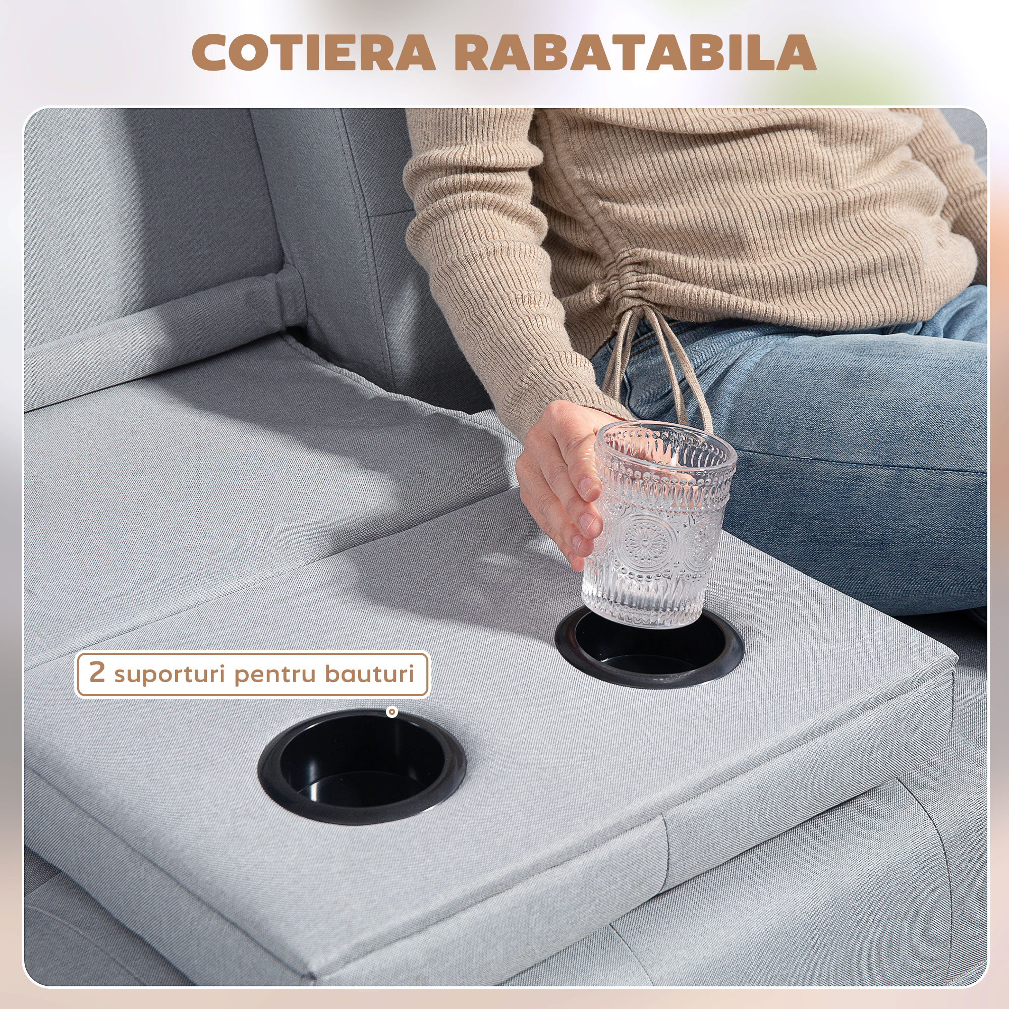  Canapea Pat cu Spatar Reglabil 3 Trepte, Tapiterie din In, Suport Pahare si Masuta Rabatabila, Picioare din Lemn, gri deschis [6]