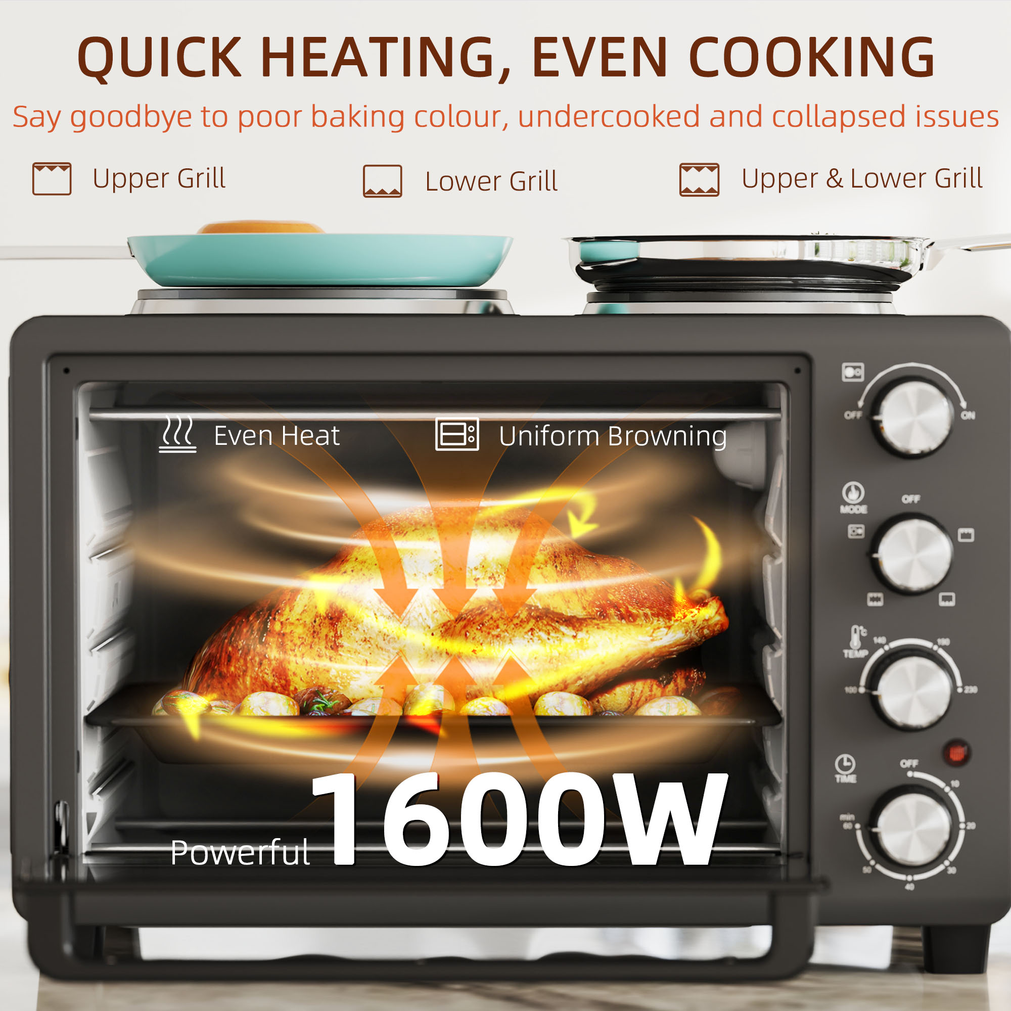 HOMCOM 28L Mini Oven with 2 Hot Plates, Countertop Toaster Oven, Grill, Roast, Bake, Boil, with Timer, Adjustable Temperature, Electric Oven with Baking Tray, Grill Rack, Crumb Tray, 2600W, Black 7