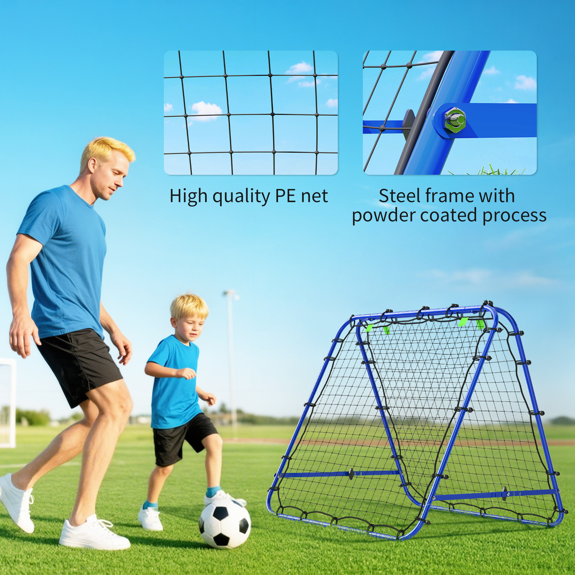HOMCOM Double Sided Football Rebounder Net, Football Rebound Goal with Five Adjustable Angles, Blue 6