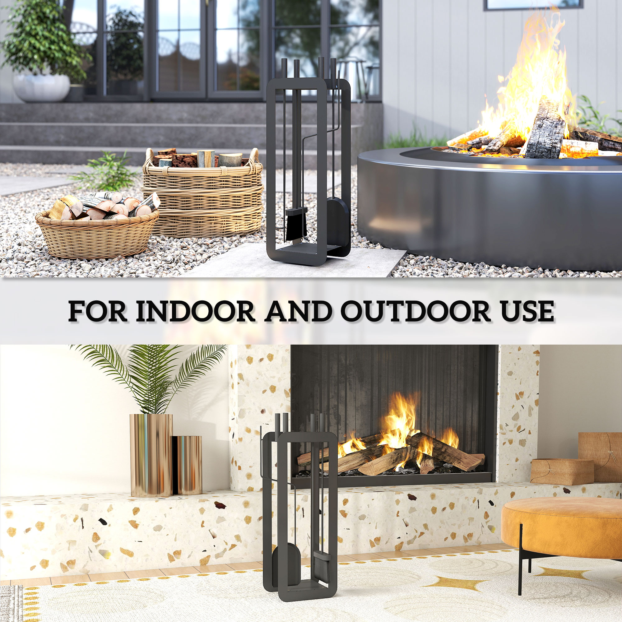 Outsunny 5 Pieces Fireplace Companion Set, Metal Fireplace Accessories Fireside Companion Set with Brush, Shovel, Poker, A Pair of Tongs, Stand, Black 6