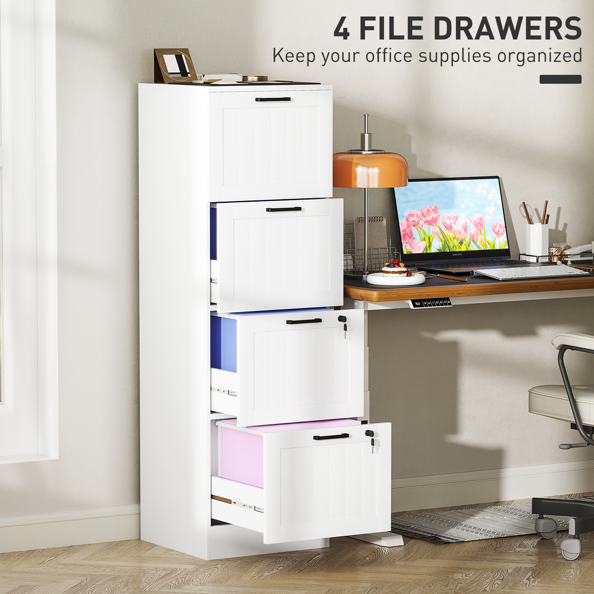 HOMCOM 4 Drawer Filing Cabinet with Lock, Office Storage Cabinet with Adjustable Hanging Bars for A4 Letter Size Files, White 4