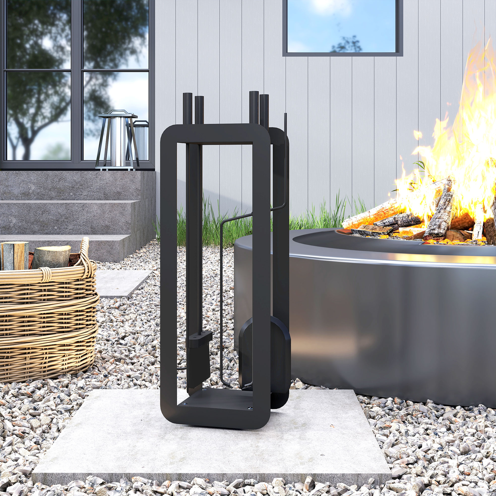 Outsunny 5 Pieces Fireplace Companion Set, Metal Fireplace Accessories Fireside Companion Set with Brush, Shovel, Poker, A Pair of Tongs, Stand, Black 7