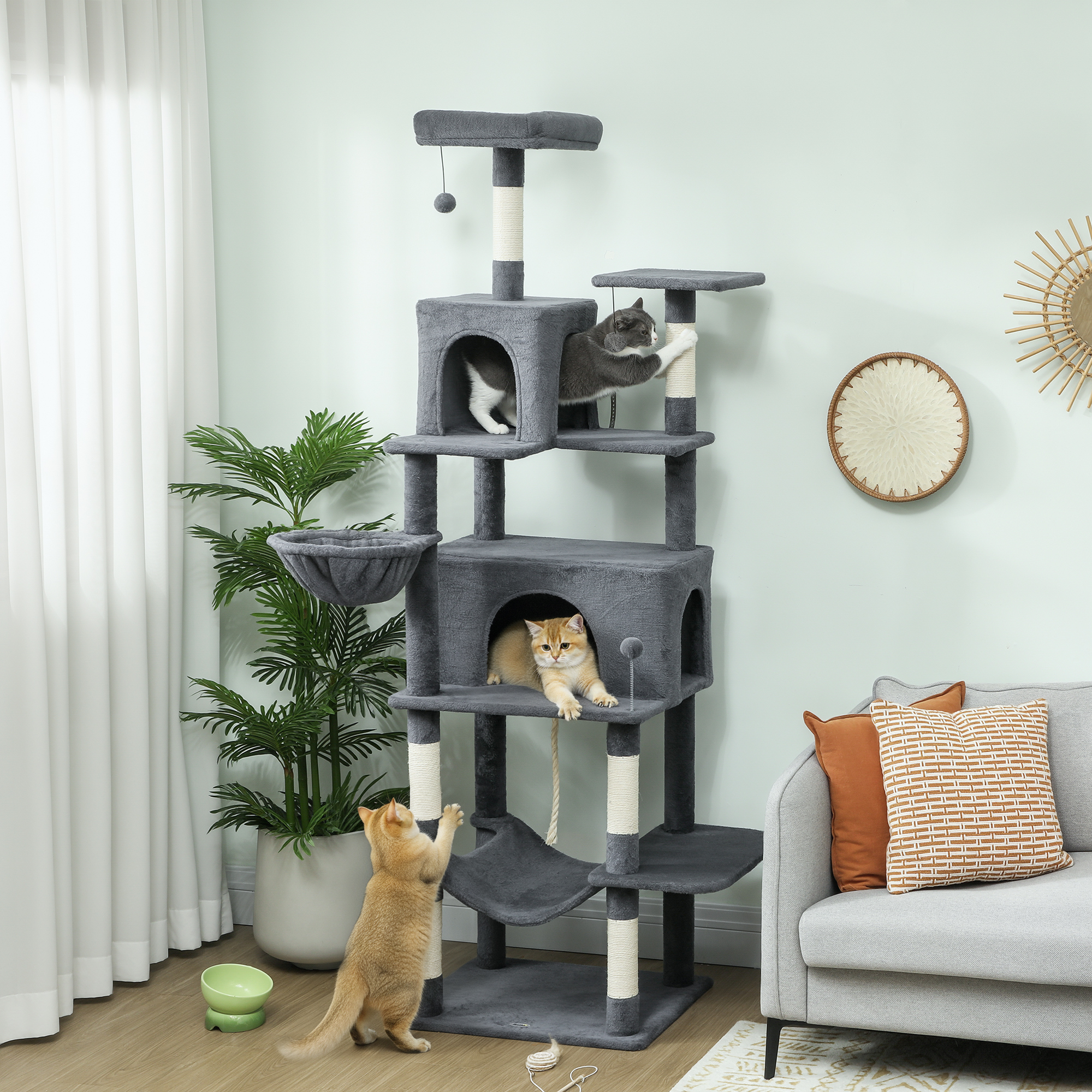 PawHut 202cm Large Cat Tree with 6 Scratching Posts, 2 Hammocks, 2 Condos, 2 Perches, Pompoms, for Indoor Cats to Rest and Play 2