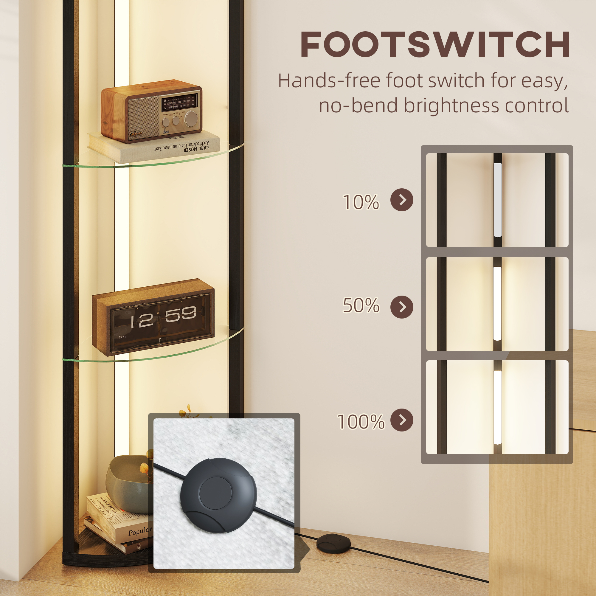 HOMCOM LED Floor Lamp with Shelves, Dimmable Standing Lamp with Foot Switch for Living Room, Bedroom, Black 6