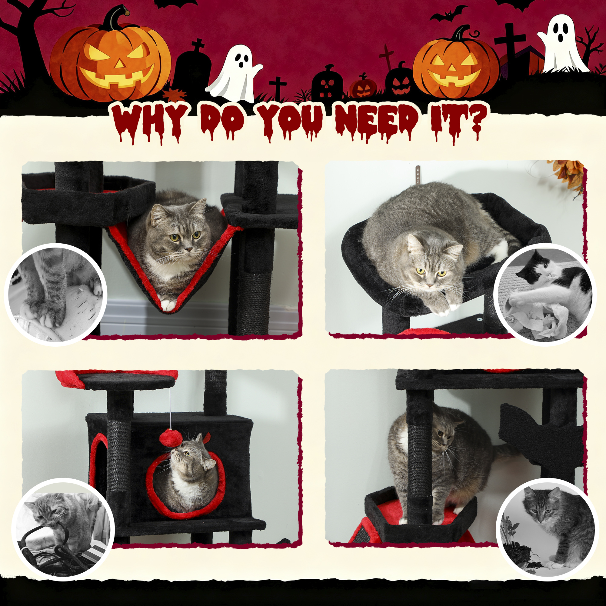 PawHut Gothic Cat Tree, 152 cm Multi-Level Cat Tower for Large Cats with Coffin Bed, Large Condo, for Halloween 8