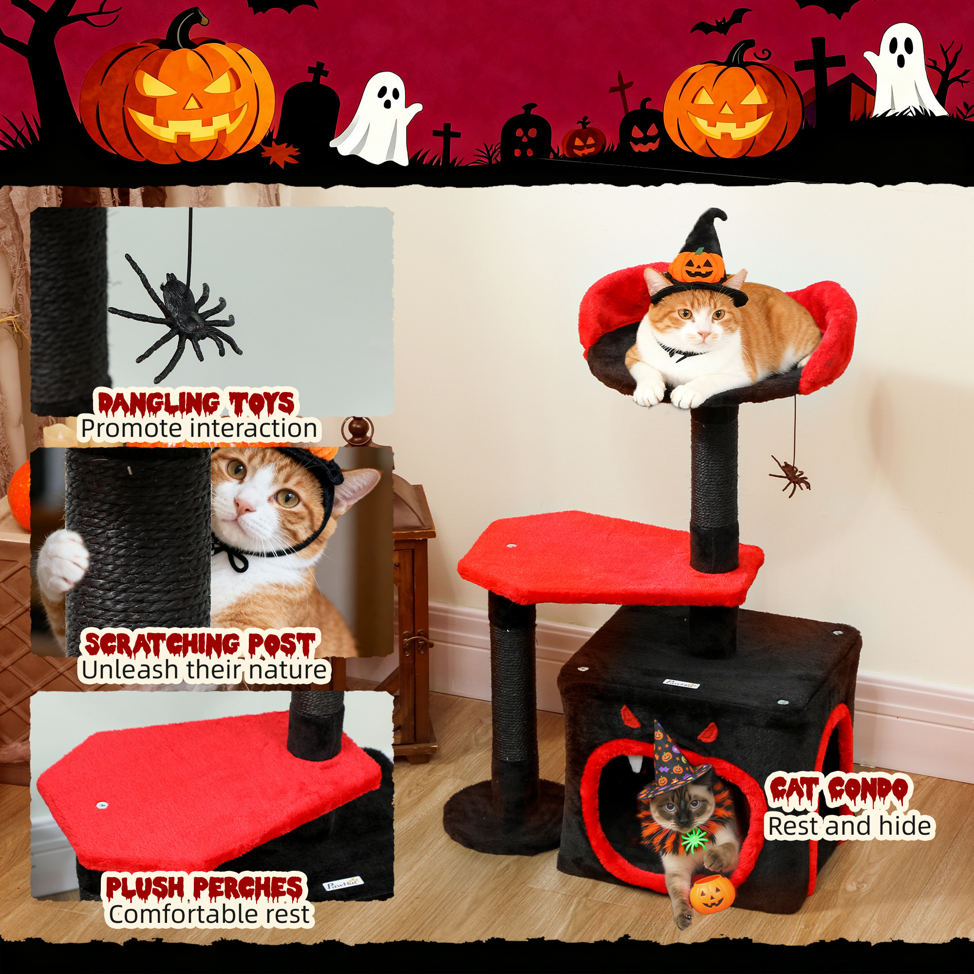 PawHut Cat Tree, Gothic Cat Tower with Scratching Posts, Cute Condo, Coffin Platform, Bed and Spider Toy, Halloween 6