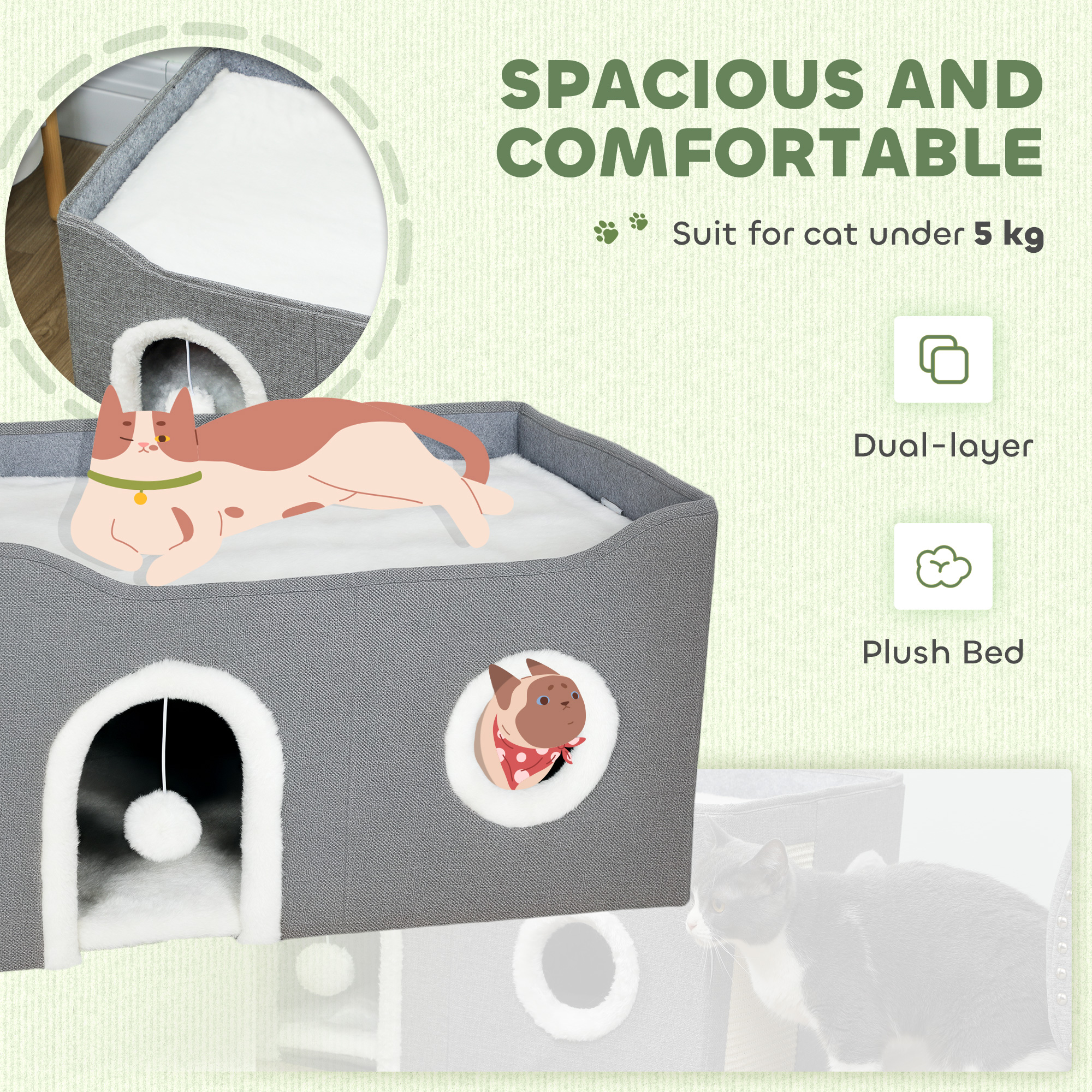 PawHut Cat Bed for Indoor Pets, Foldable Cat House with Fluffy Ball and Scratch Pad for Small and Medium Pets, Grey 6