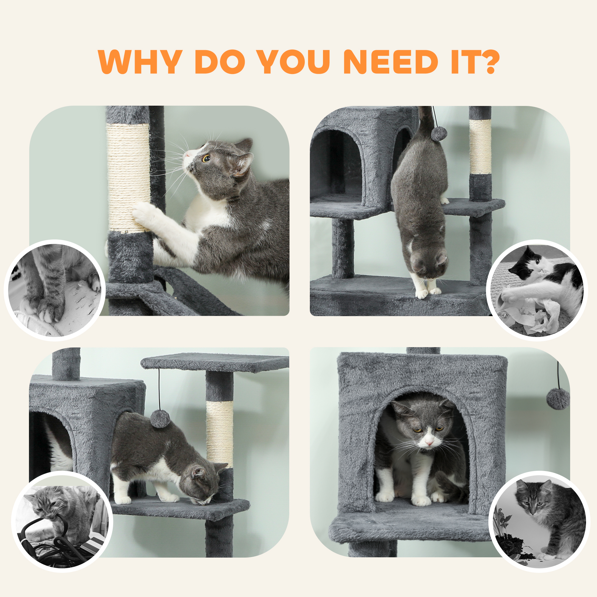 PawHut 202cm Large Cat Tree with 6 Scratching Posts, 2 Hammocks, 2 Condos, 2 Perches, Pompoms, for Indoor Cats to Rest and Play 8