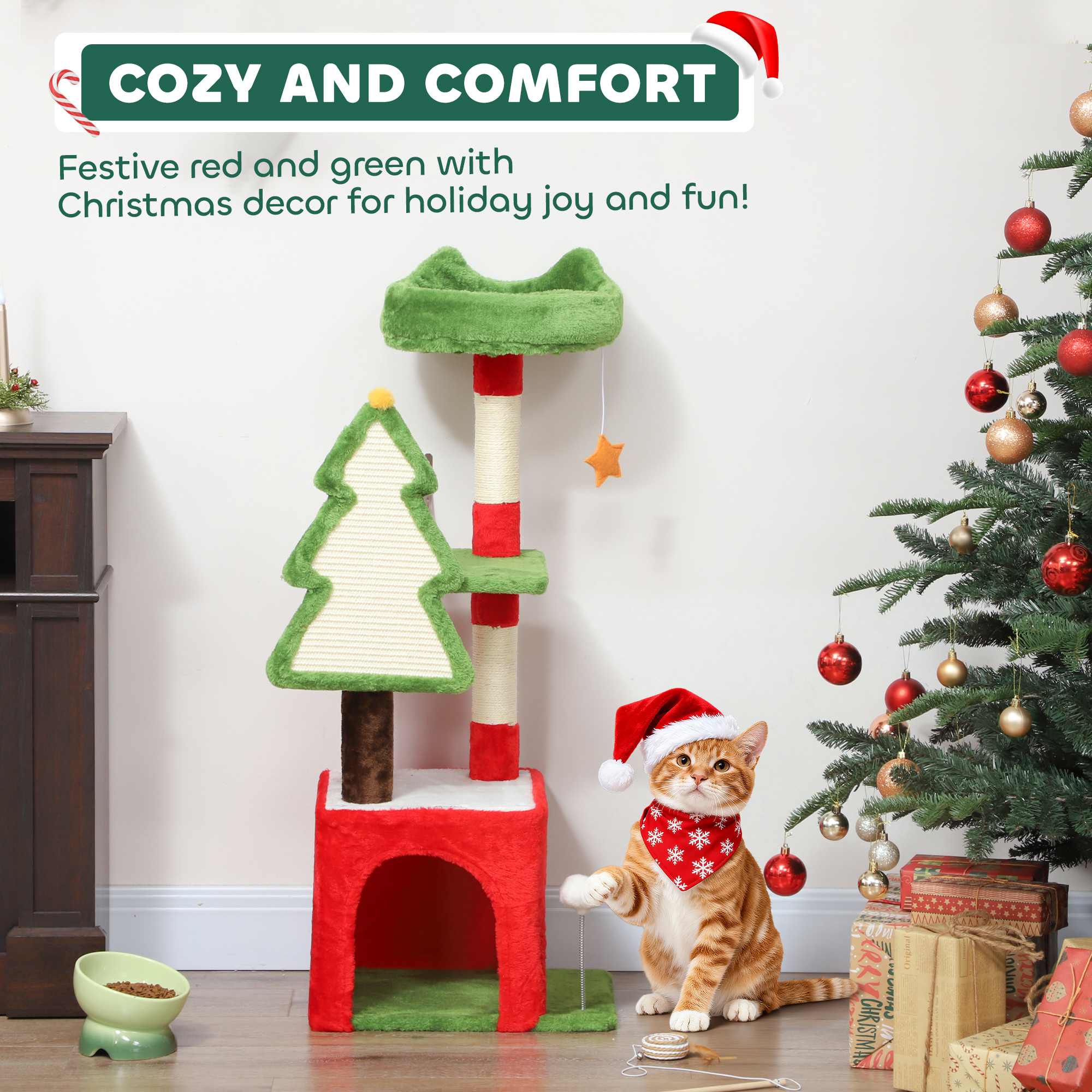 PawHut Christmas Cat Tree, 120cm Cat Tower with Scratching Post & Board, Platform, Toys, Green 4