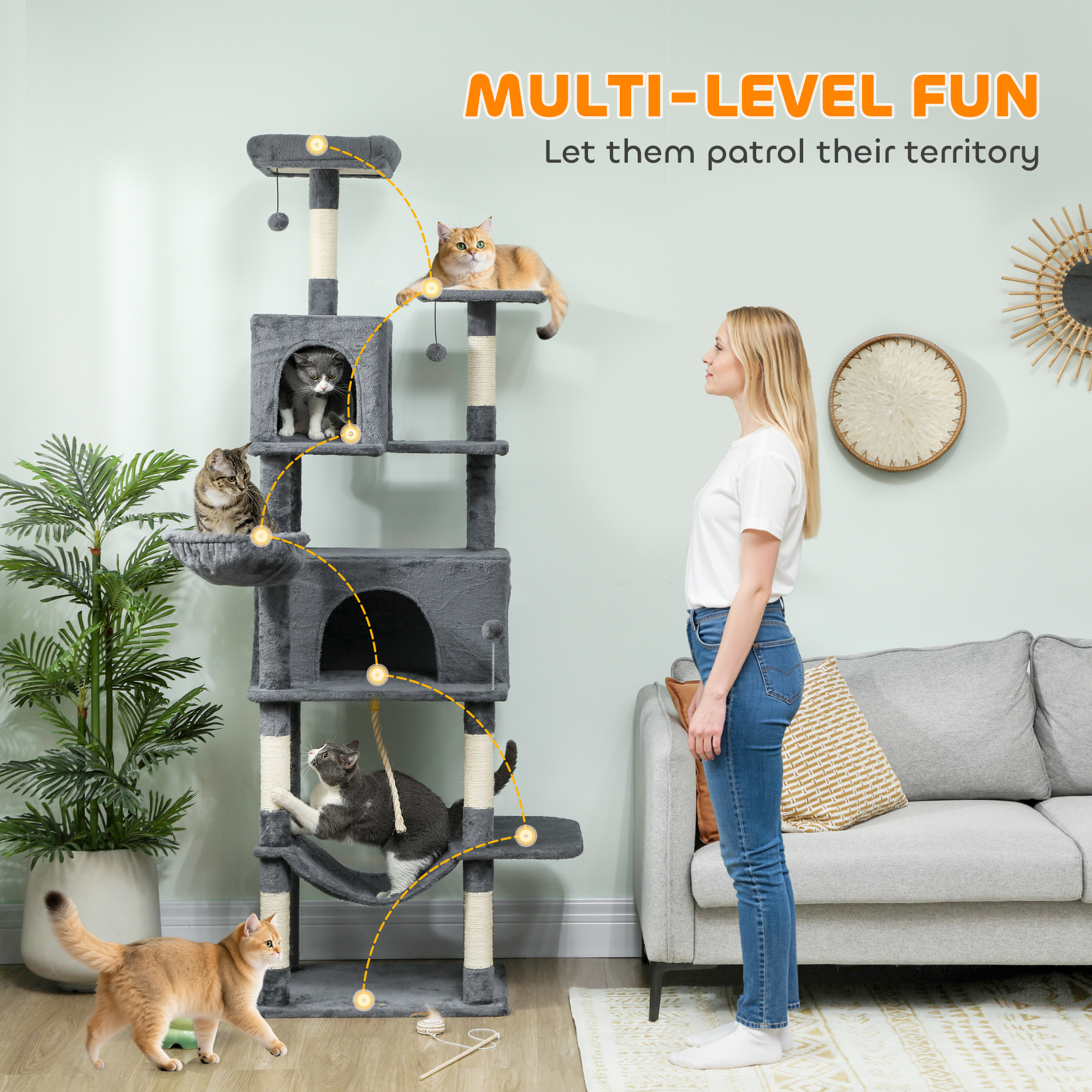 PawHut 202cm Large Cat Tree with 6 Scratching Posts, 2 Hammocks, 2 Condos, 2 Perches, Pompoms, for Indoor Cats to Rest and Play 4