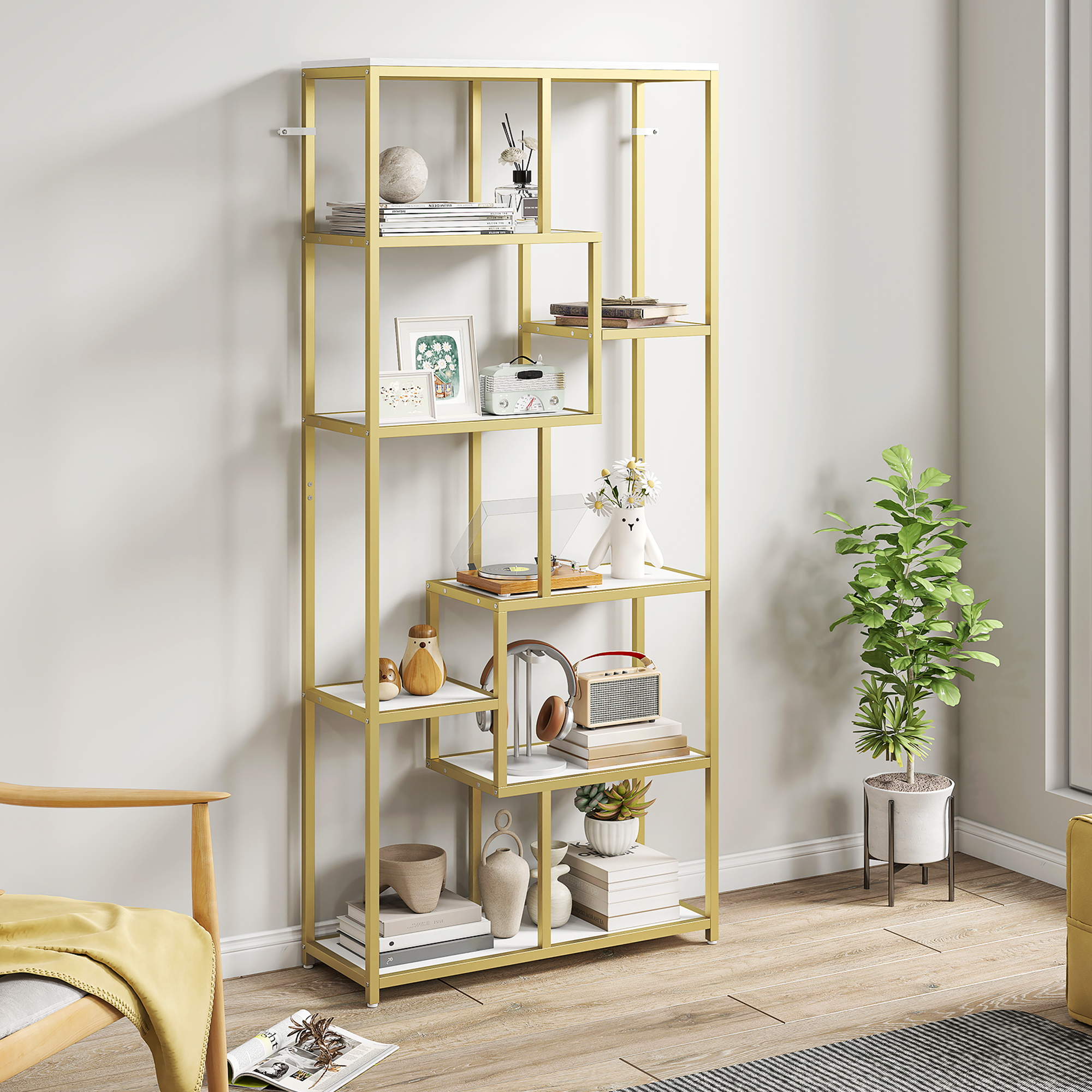 HOMCOM Seven-Tier Geometric Bookcase White/Gold Tone 7