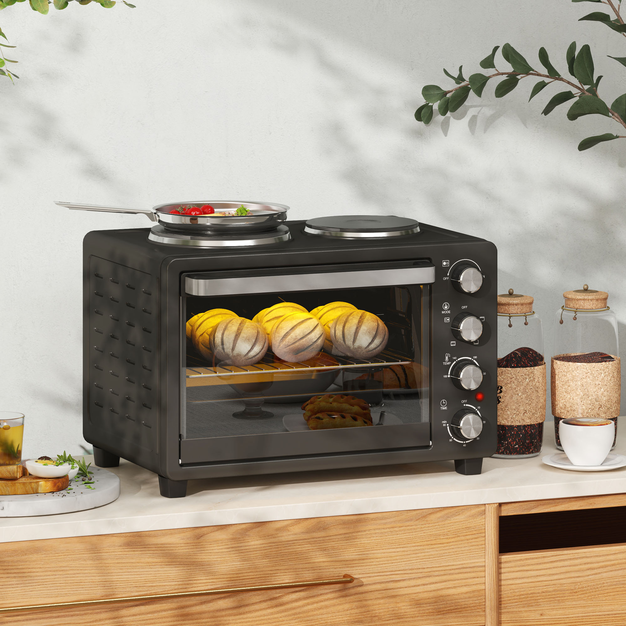 HOMCOM 28L Mini Oven with 2 Hot Plates, Countertop Toaster Oven, Grill, Roast, Bake, Boil, with Timer, Adjustable Temperature, Electric Oven with Baking Tray, Grill Rack, Crumb Tray, 2600W, Black 2