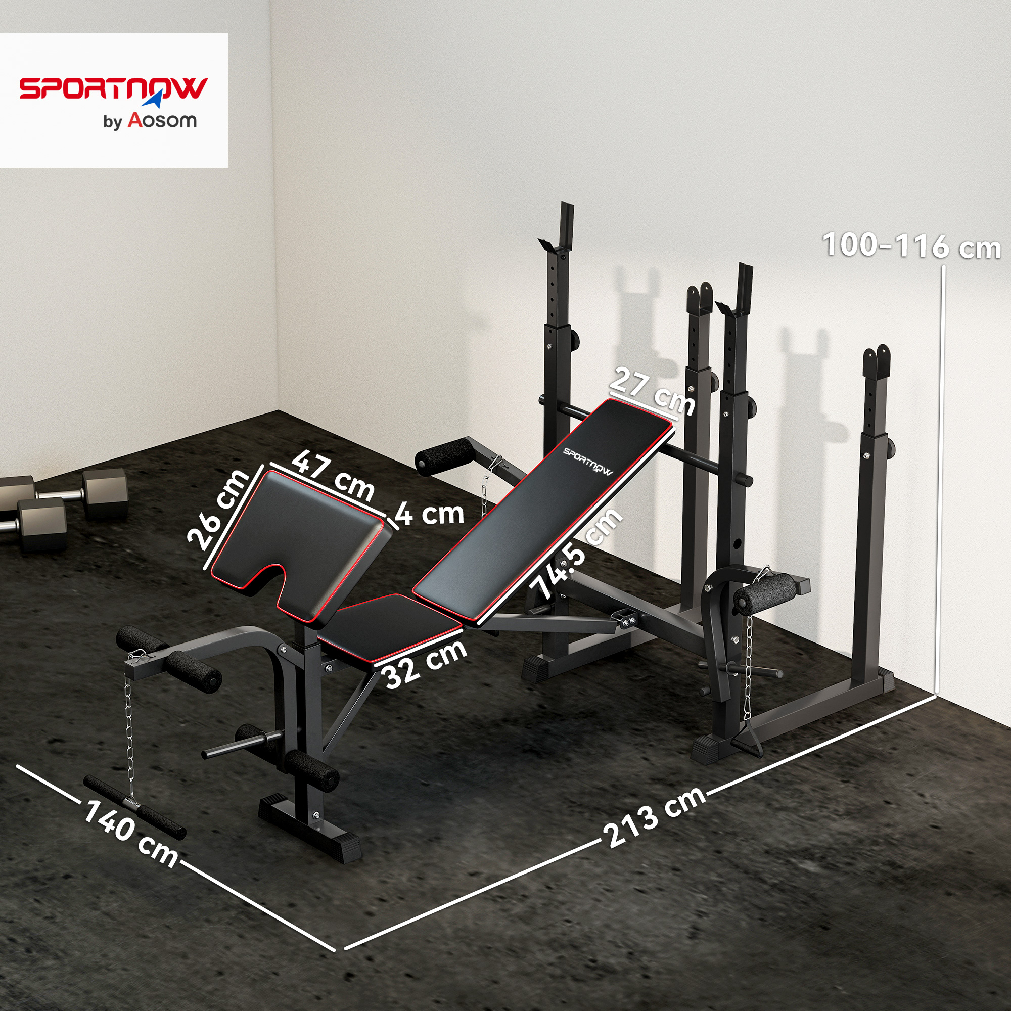SPORTNOW Weight Bench with Two Barbell Racks, Leg Curl Machine, Preacher Curl Bench, Black 3