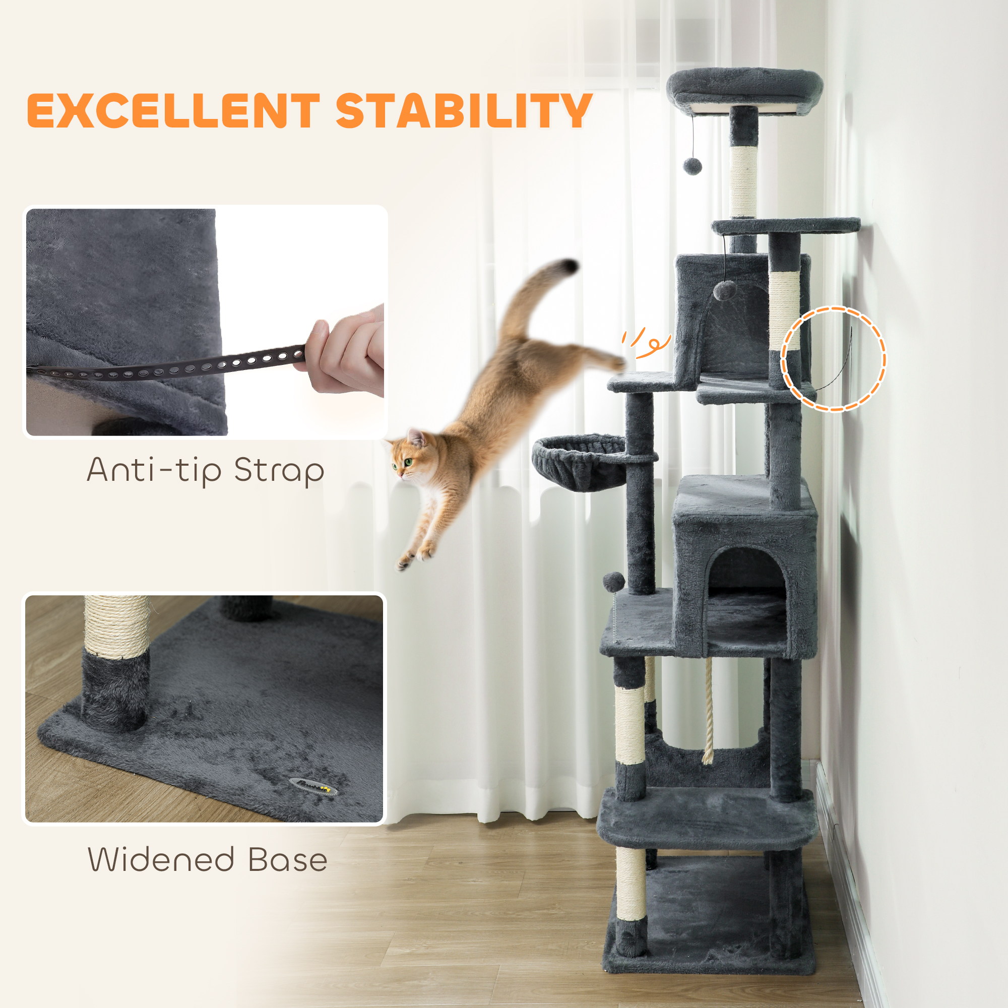 PawHut 202cm Large Cat Tree with 6 Scratching Posts, 2 Hammocks, 2 Condos, 2 Perches, Pompoms, for Indoor Cats to Rest and Play 7