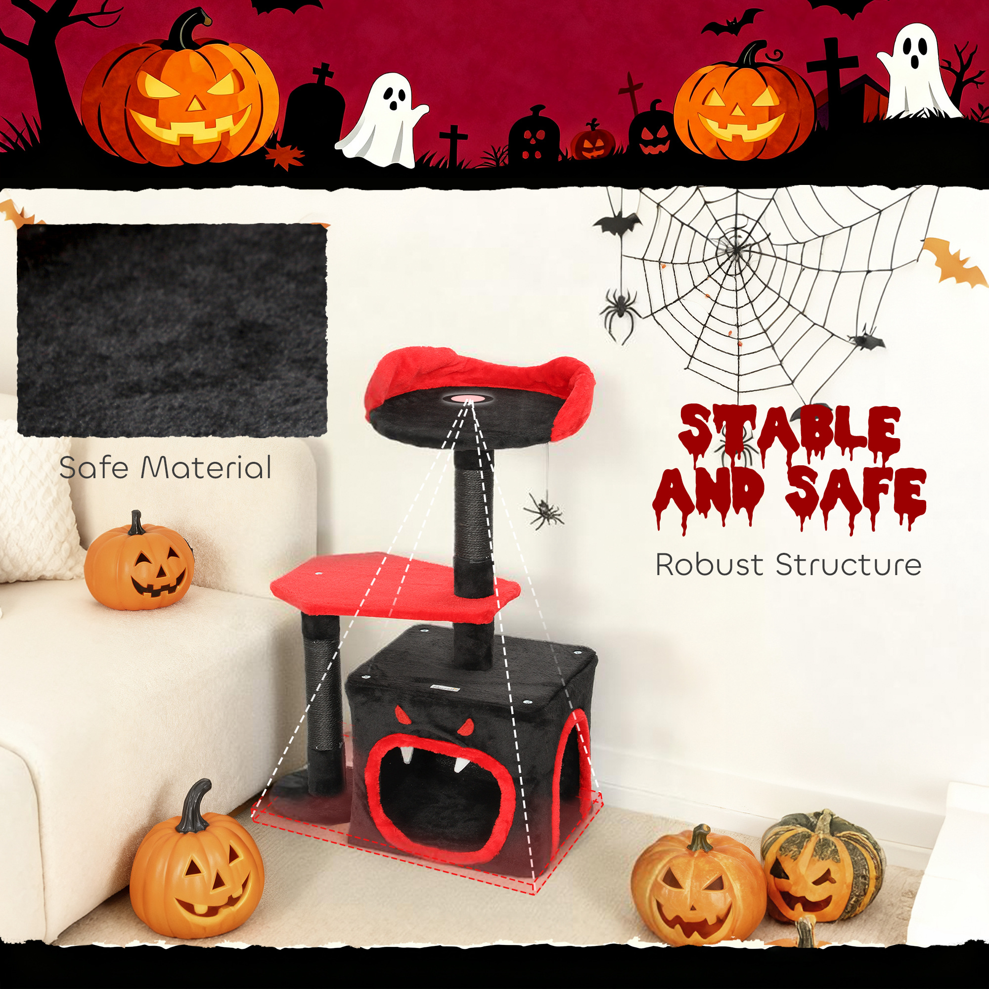 PawHut Cat Tree, Gothic Cat Tower with Scratching Posts, Cute Condo, Coffin Platform, Bed and Spider Toy, Halloween 7