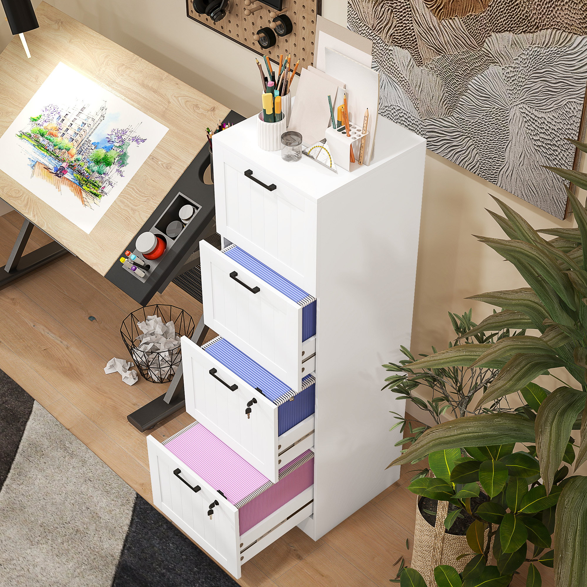 HOMCOM 4 Drawer Filing Cabinet with Lock, Office Storage Cabinet with Adjustable Hanging Bars for A4 Letter Size Files, White 9