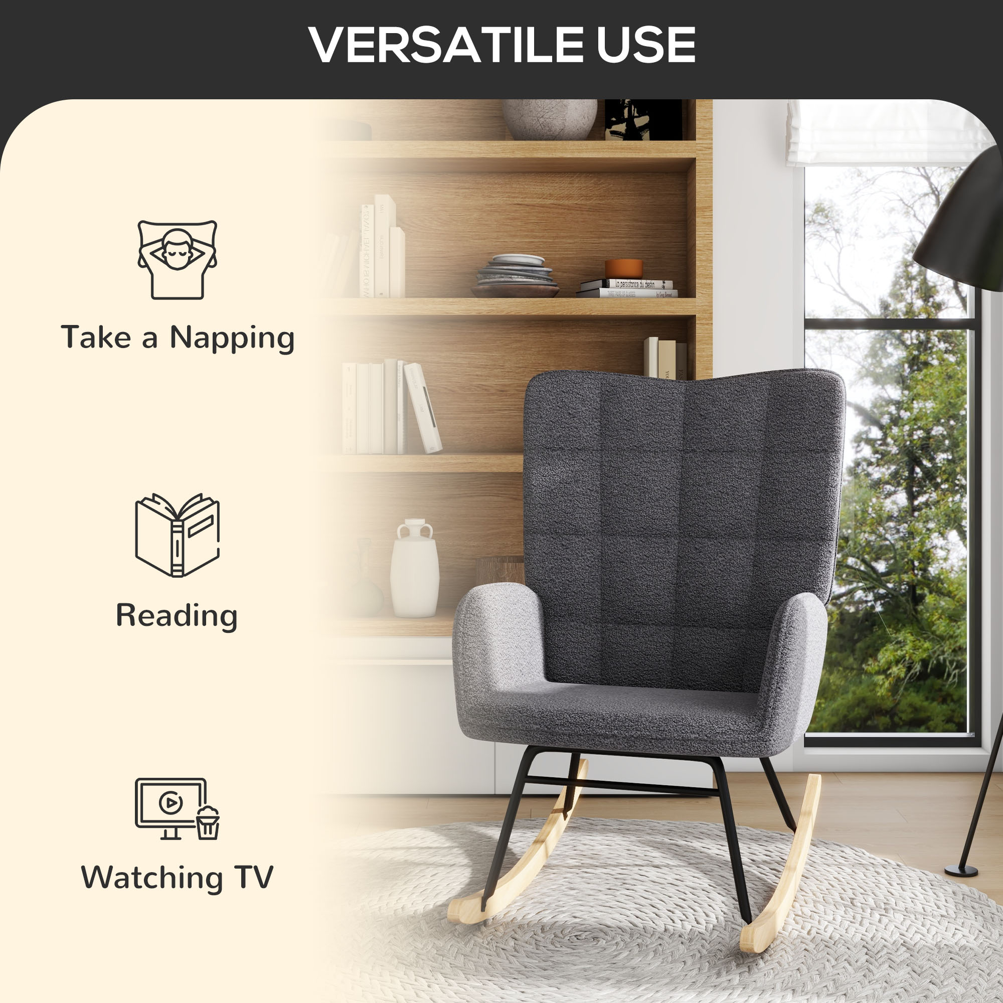 HOMCOM Berber Fleece Nursery Glider Rocker for Nursing, Wingback Rocking Chair for Living Room, Dark Grey 6