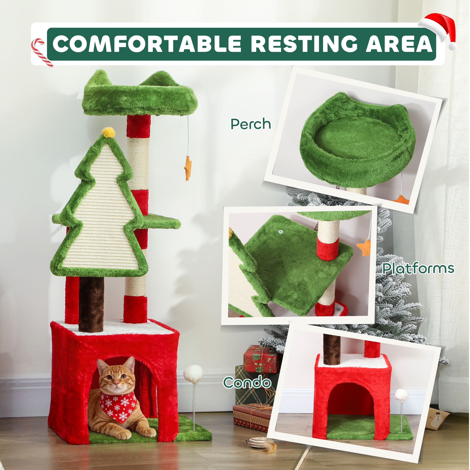 PawHut Christmas Cat Tree, 120cm Cat Tower with Scratching Post & Board, Platform, Toys, Green 6