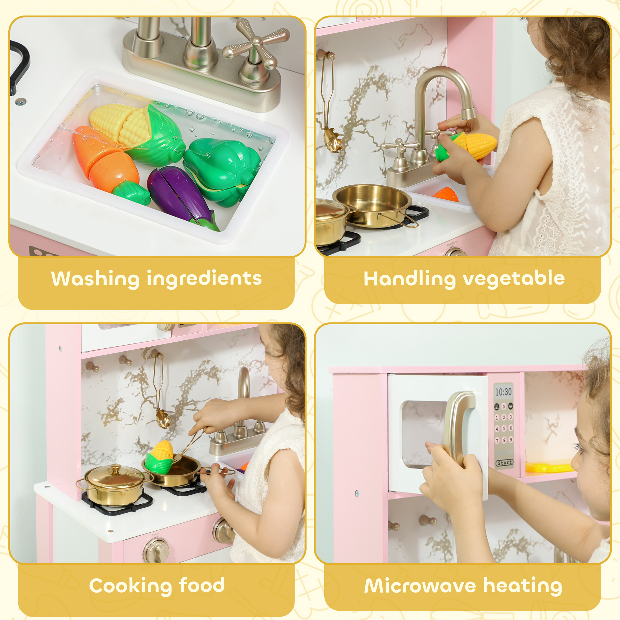 AIYAPLAY Kitchen Playset with Pretend Play Cooking Accessories, Play Kitchen with Oven, Microwave and Sink, Pink 5