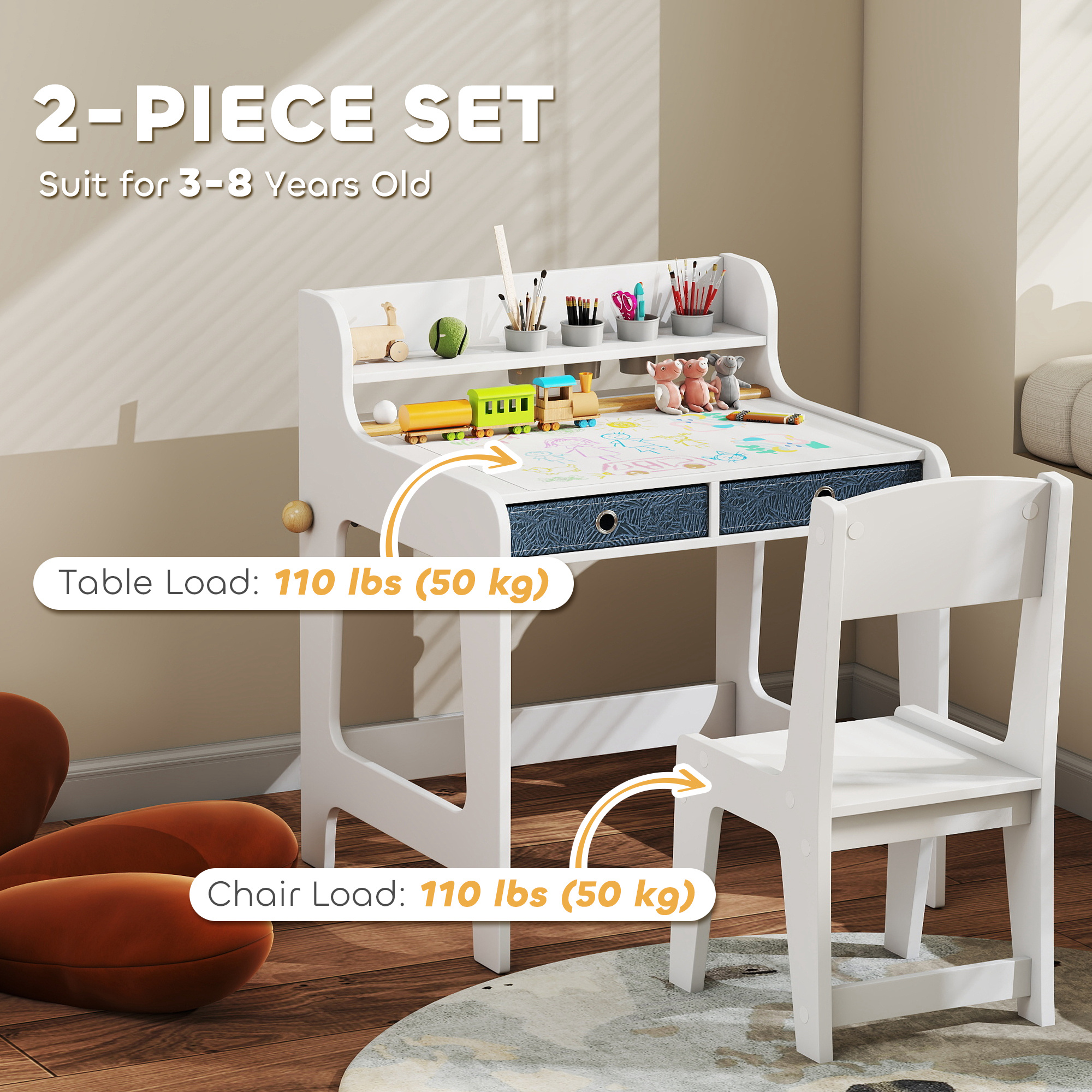 AIYAPLAY Art Table and Chair Set for children, Kids Art Desk and Chair Set with Storage Shelf and Drawers 6