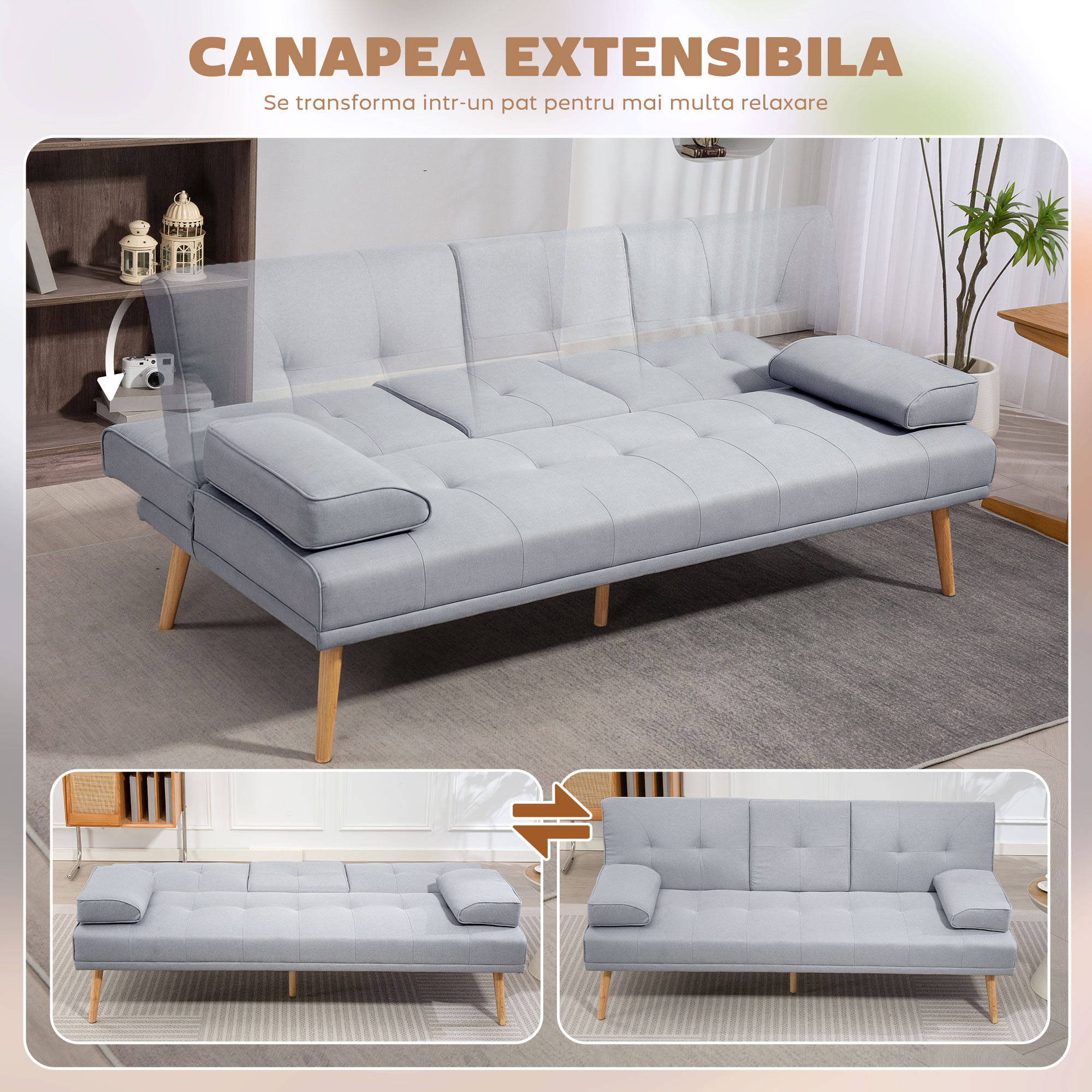  Canapea Pat cu Spatar Reglabil 3 Trepte, Tapiterie din In, Suport Pahare si Masuta Rabatabila, Picioare din Lemn, gri deschis [3]