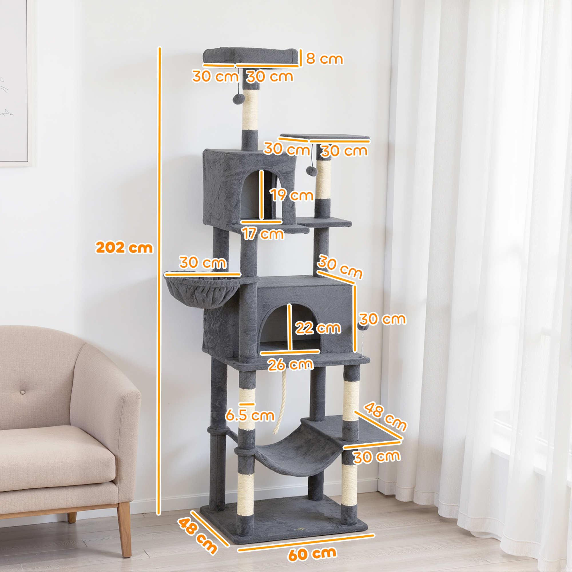 PawHut 202cm Large Cat Tree with 6 Scratching Posts, 2 Hammocks, 2 Condos, 2 Perches, Pompoms, for Indoor Cats to Rest and Play 3