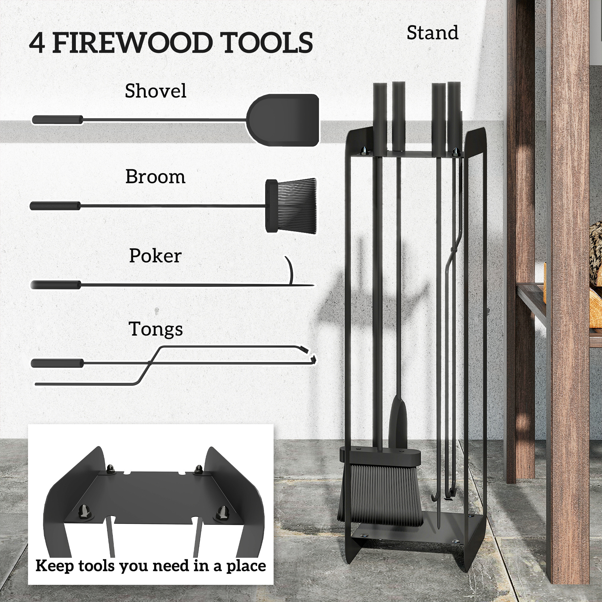 Outsunny 5 Pieces Fireplace Companion Set, Metal Fireplace Accessories Fireside Companion Set with Brush, Shovel, Poker, A Pair of Tongs, Stand, Black 4