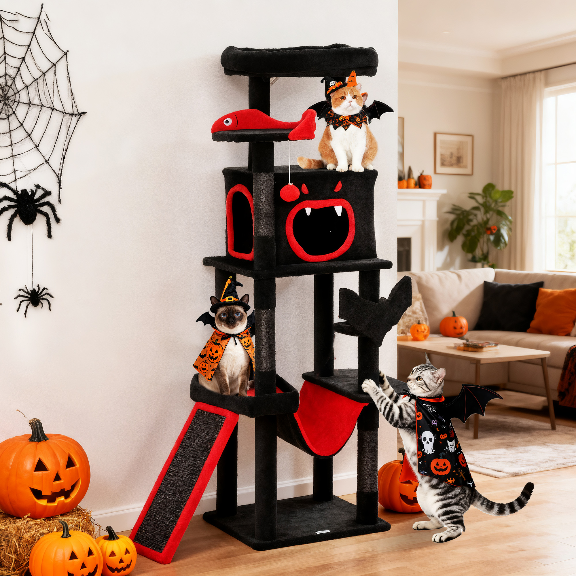 PawHut Gothic Cat Tree, 152 cm Multi-Level Cat Tower for Large Cats with Coffin Bed, Large Condo, for Halloween 2