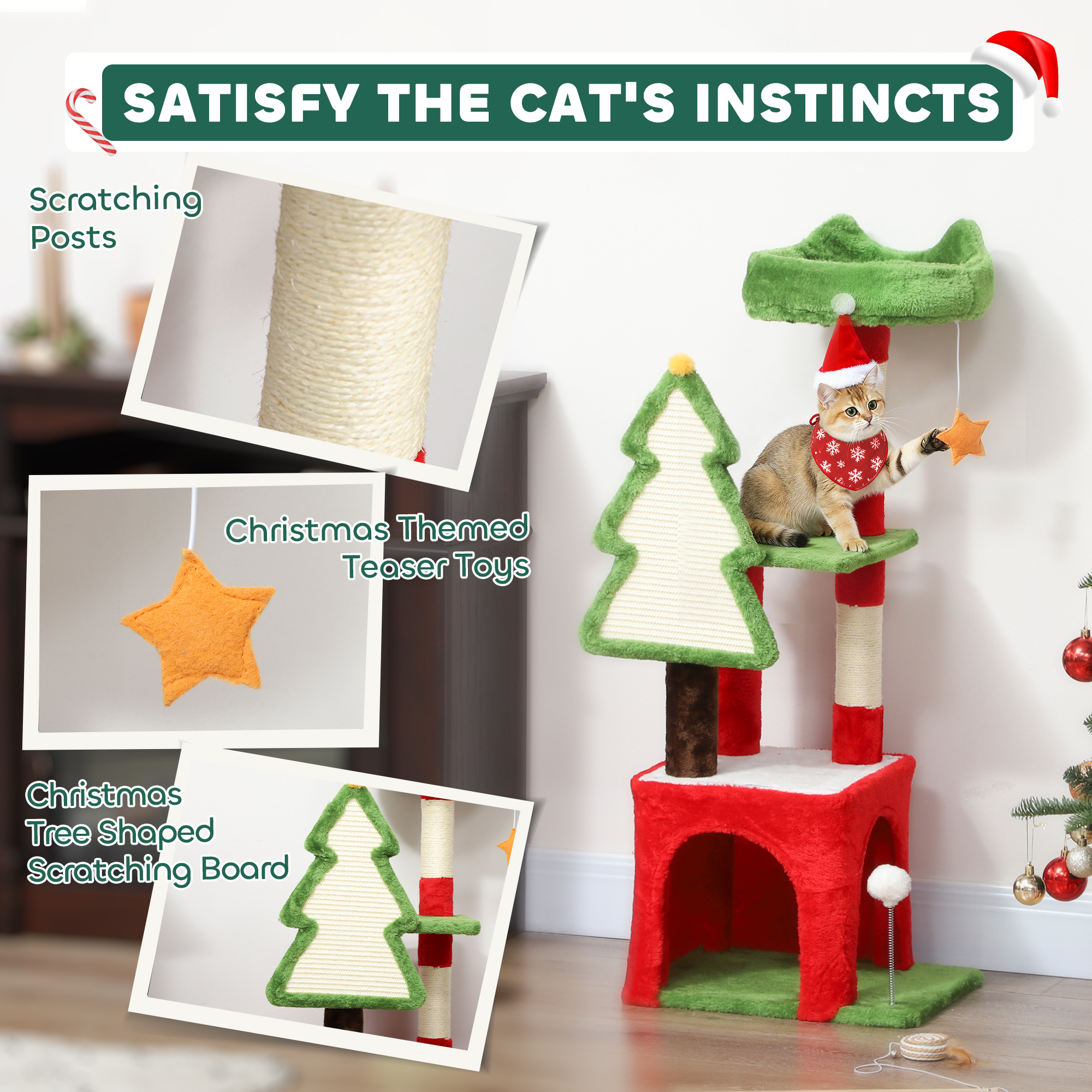 PawHut Christmas Cat Tree, 120cm Cat Tower with Scratching Post & Board, Platform, Toys, Green 5
