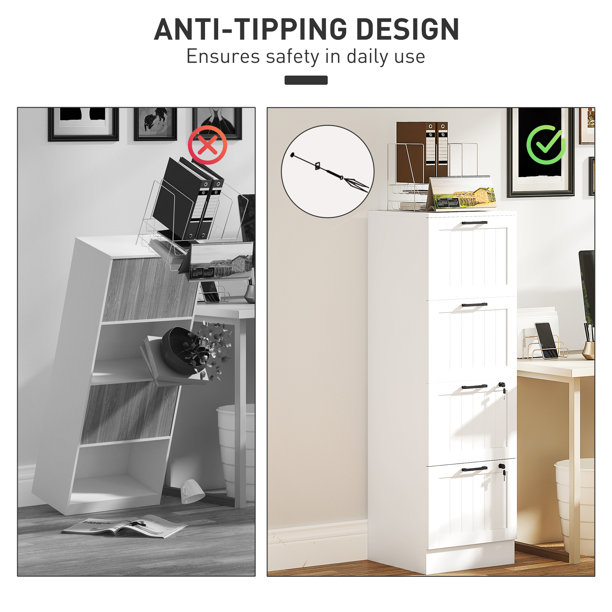 HOMCOM 4 Drawer Filing Cabinet with Lock, Office Storage Cabinet with Adjustable Hanging Bars for A4 Letter Size Files, White 7