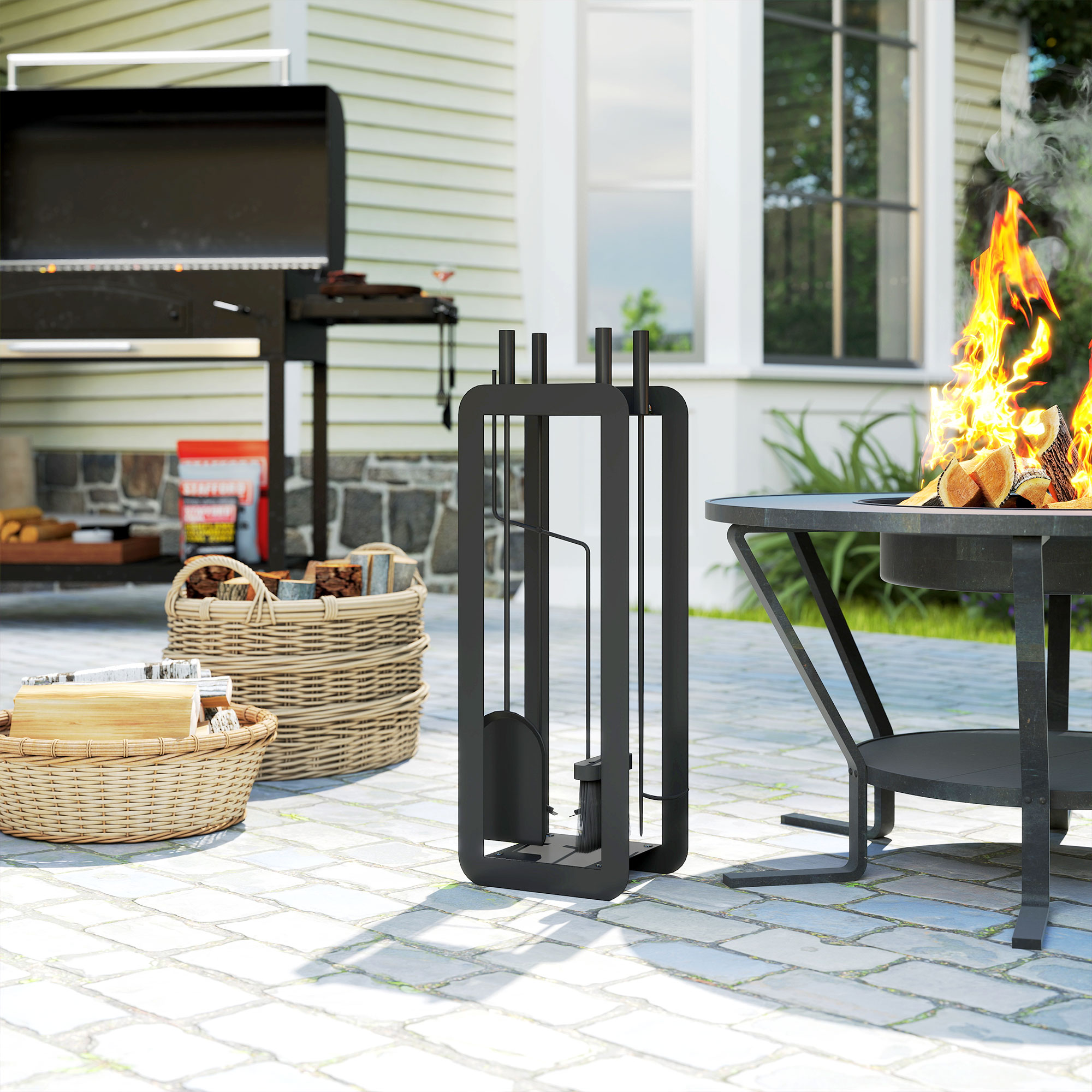 Outsunny 5 Pieces Fireplace Companion Set, Metal Fireplace Accessories Fireside Companion Set with Brush, Shovel, Poker, A Pair of Tongs, Stand, Black 2