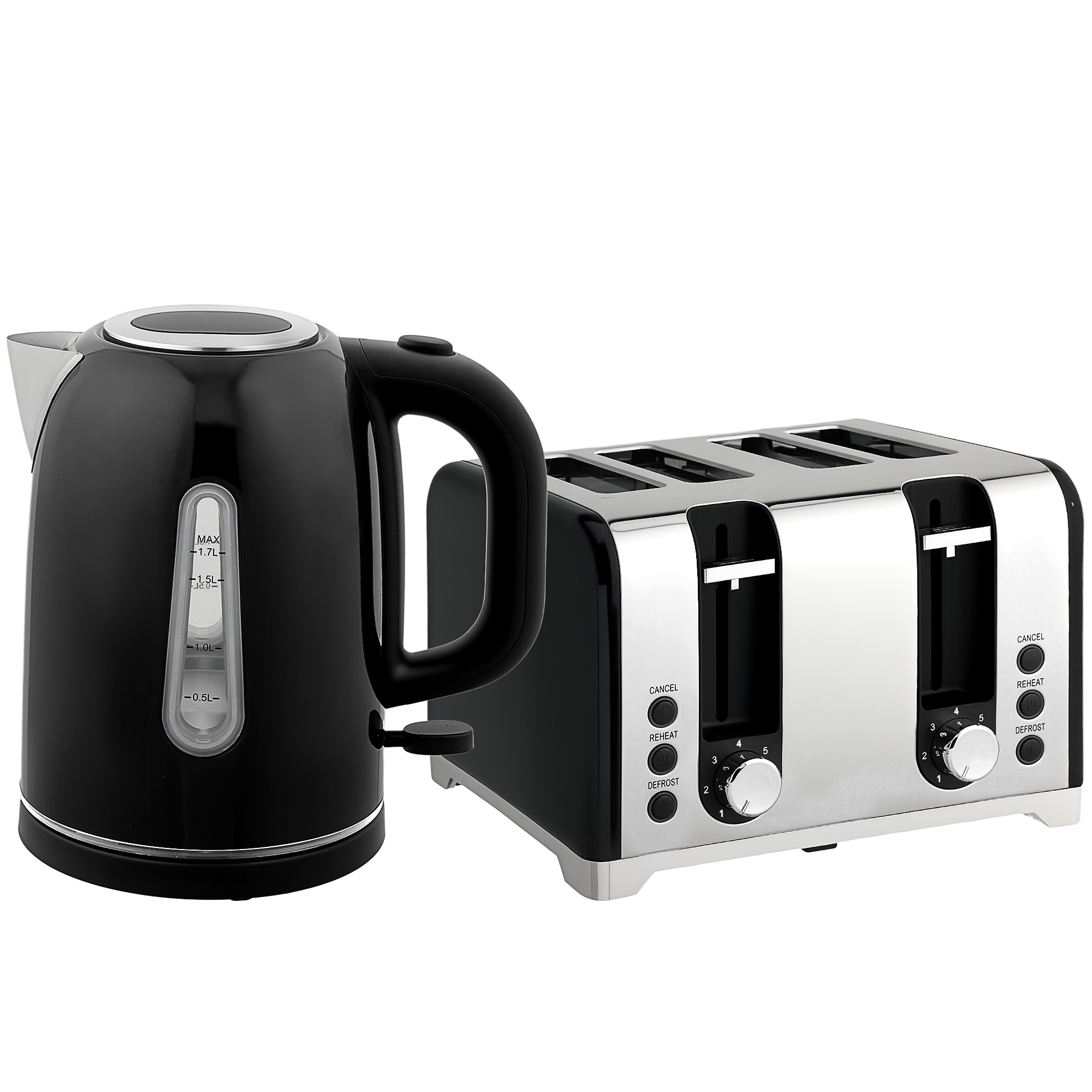 HOMCOM Kettle and Toaster Set, 1.7L 3000W Rapid Boil Jug Kettle with Strix Thermostat, Limescale Filter, 4 Slice Toaster with 7 Browning Controls, Crumb Tray, Black