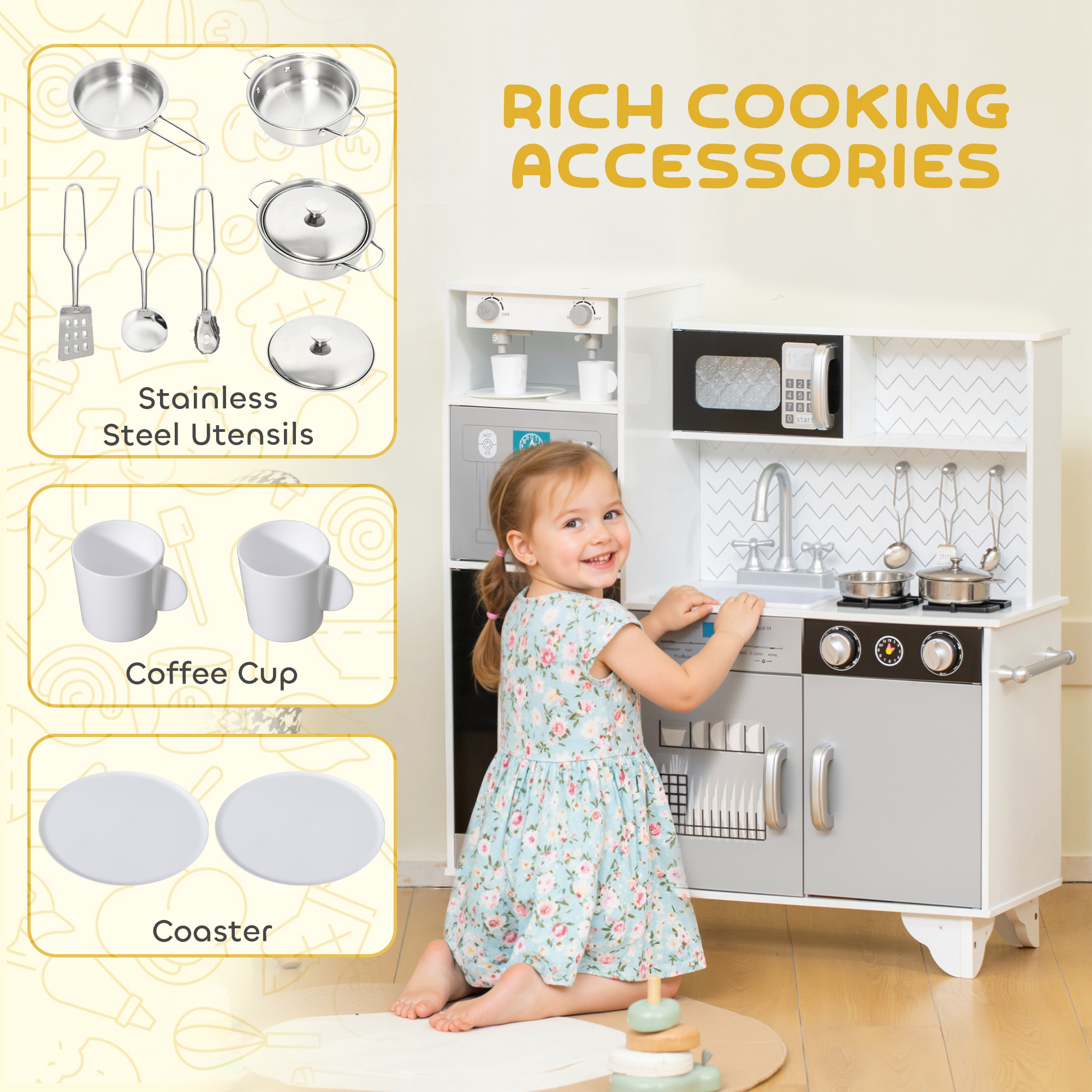 AIYAPLAY Kids Play Kitchen with Sound, Ice/Coffee Maker, Utensils, Microwave, Stainless Steel Utensils, for 3-6 Years 6