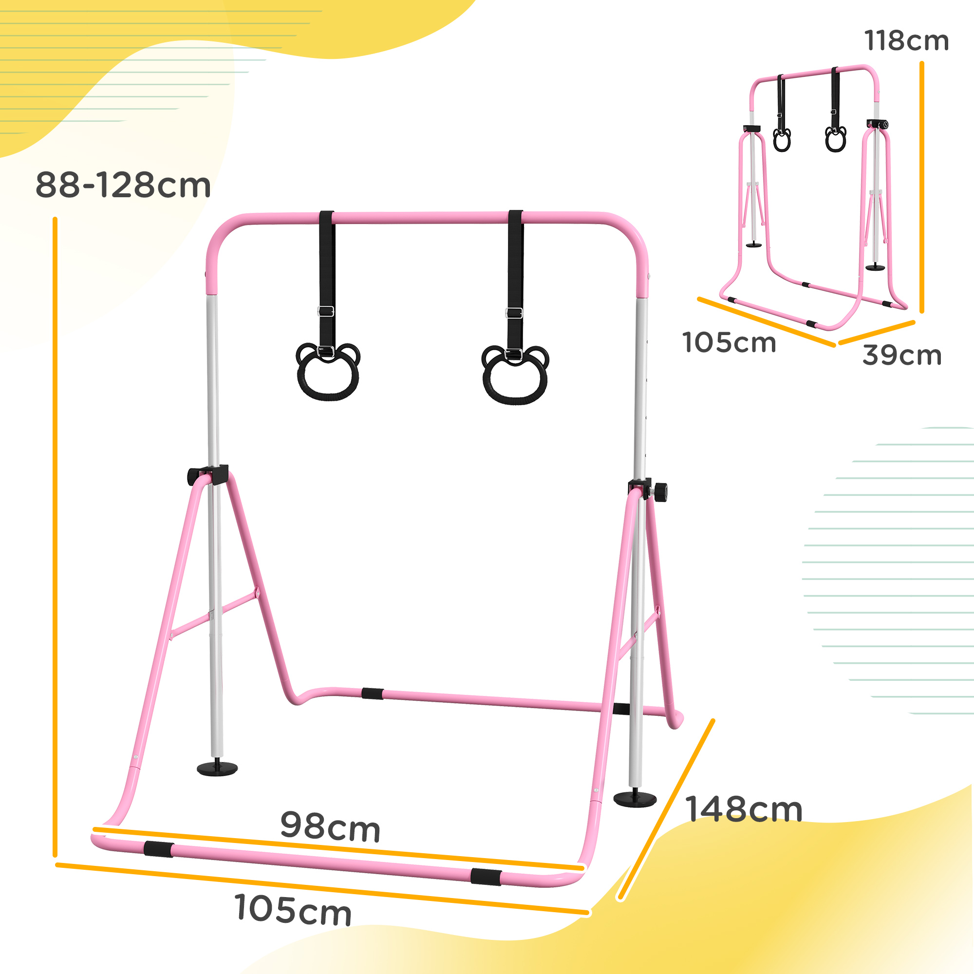HOMCOM Adjustable Height, Foldable Kids Gymnastics Bar w/ Non-slip Rubber Floor Rings, for 3+ Years, Pink 3