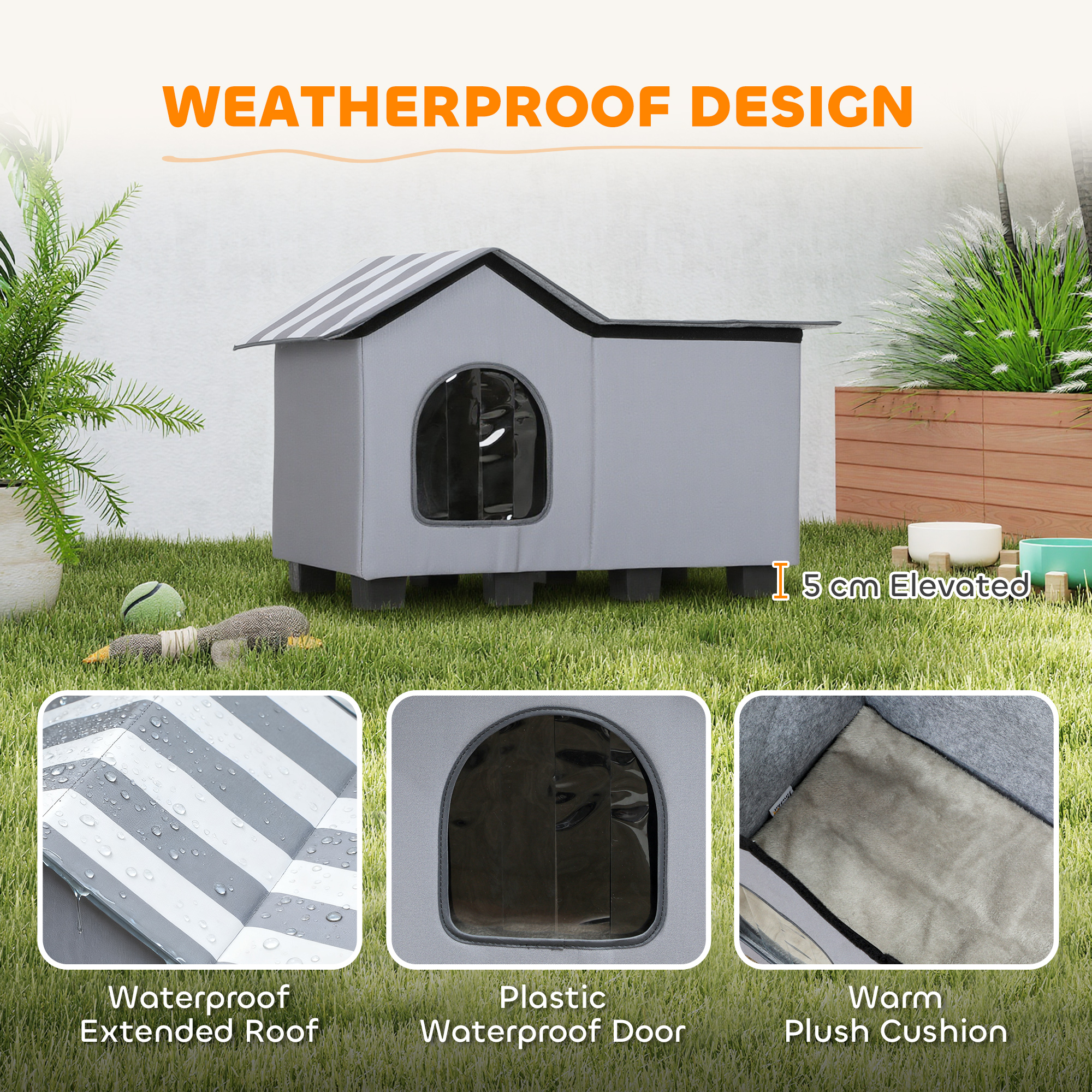 PawHut Outdoor Cat House, Weatherproof Feral Cat Cave with Elevated Base and Cushion for Winter, Grey 4