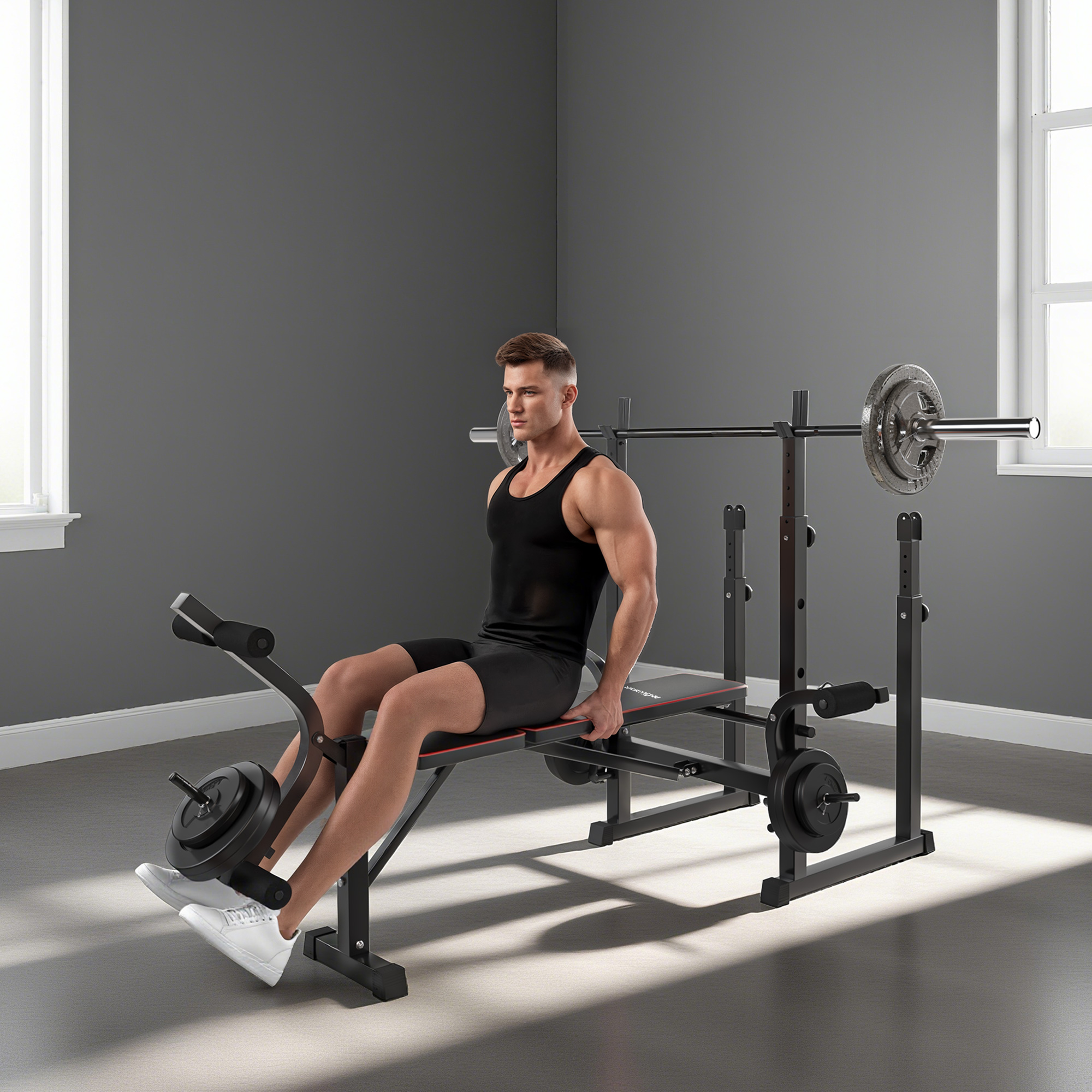 SPORTNOW Weight Bench with Two Barbell Racks, Leg Curl Machine, Preacher Curl Bench, Black 8