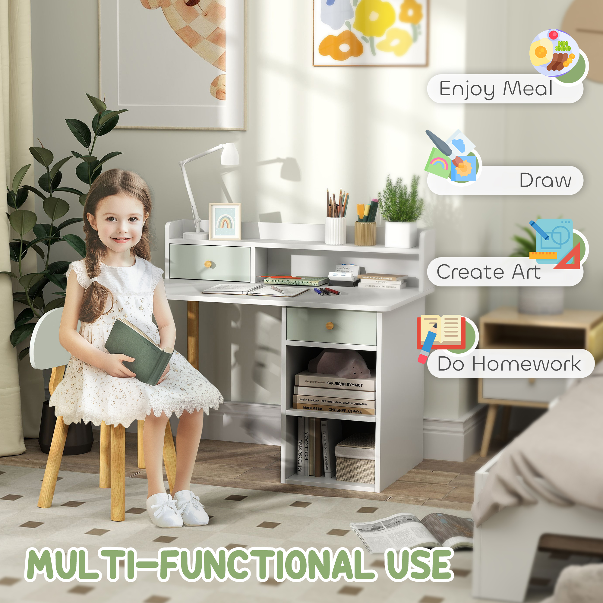 AIYAPLAY Two-Piece Children Study Table with Hutch, Kids Desk and Chair Set with Storage, Drawer, Shelves, Green 4