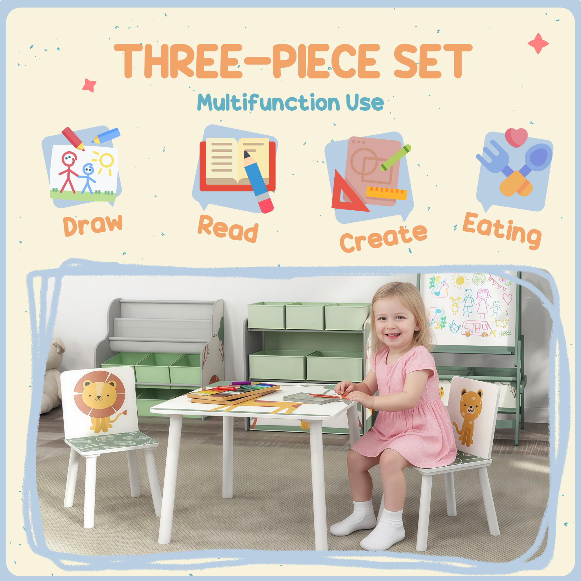 AIYAPLAY 3-Piece Toddler Table and Chair Set, Kids Table with 2 Chairs Set for Bedroom, Nursery, Playroom, Green 4