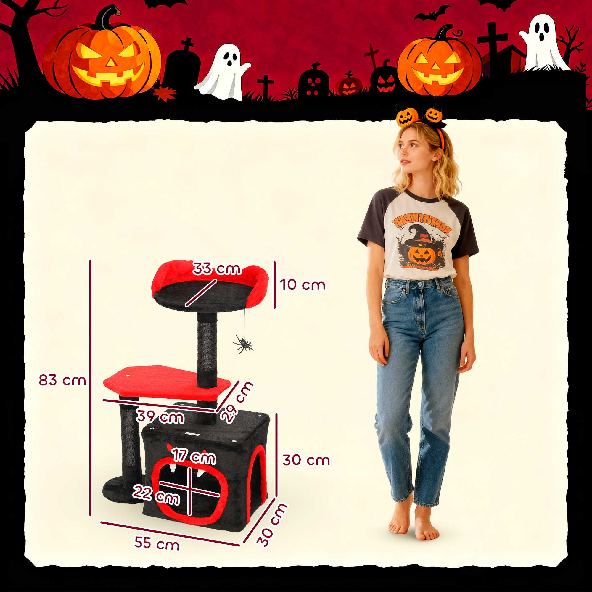 PawHut Cat Tree, Gothic Cat Tower with Scratching Posts, Cute Condo, Coffin Platform, Bed and Spider Toy, Halloween 3