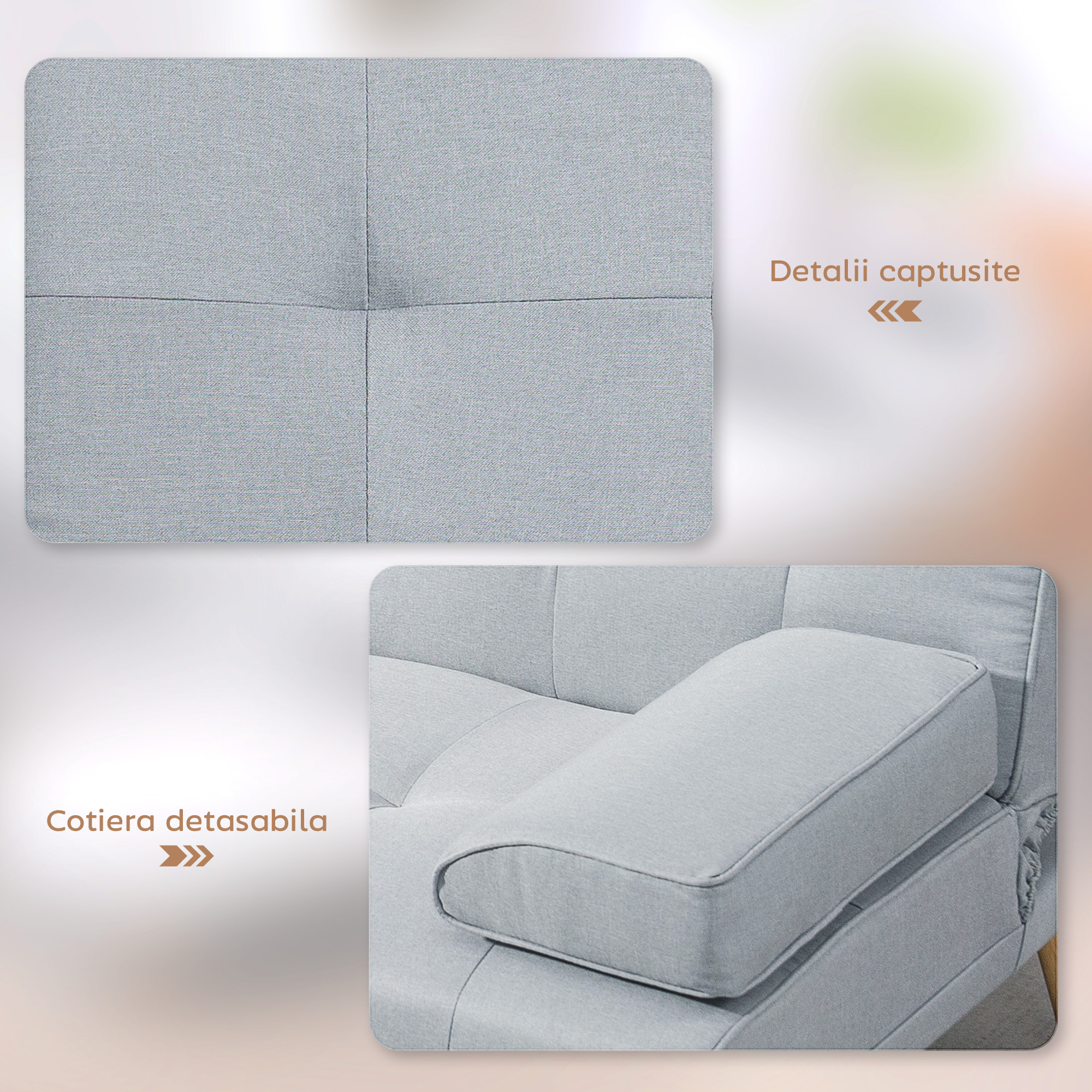  Canapea Pat cu Spatar Reglabil 3 Trepte, Tapiterie din In, Suport Pahare si Masuta Rabatabila, Picioare din Lemn, gri deschis [5]