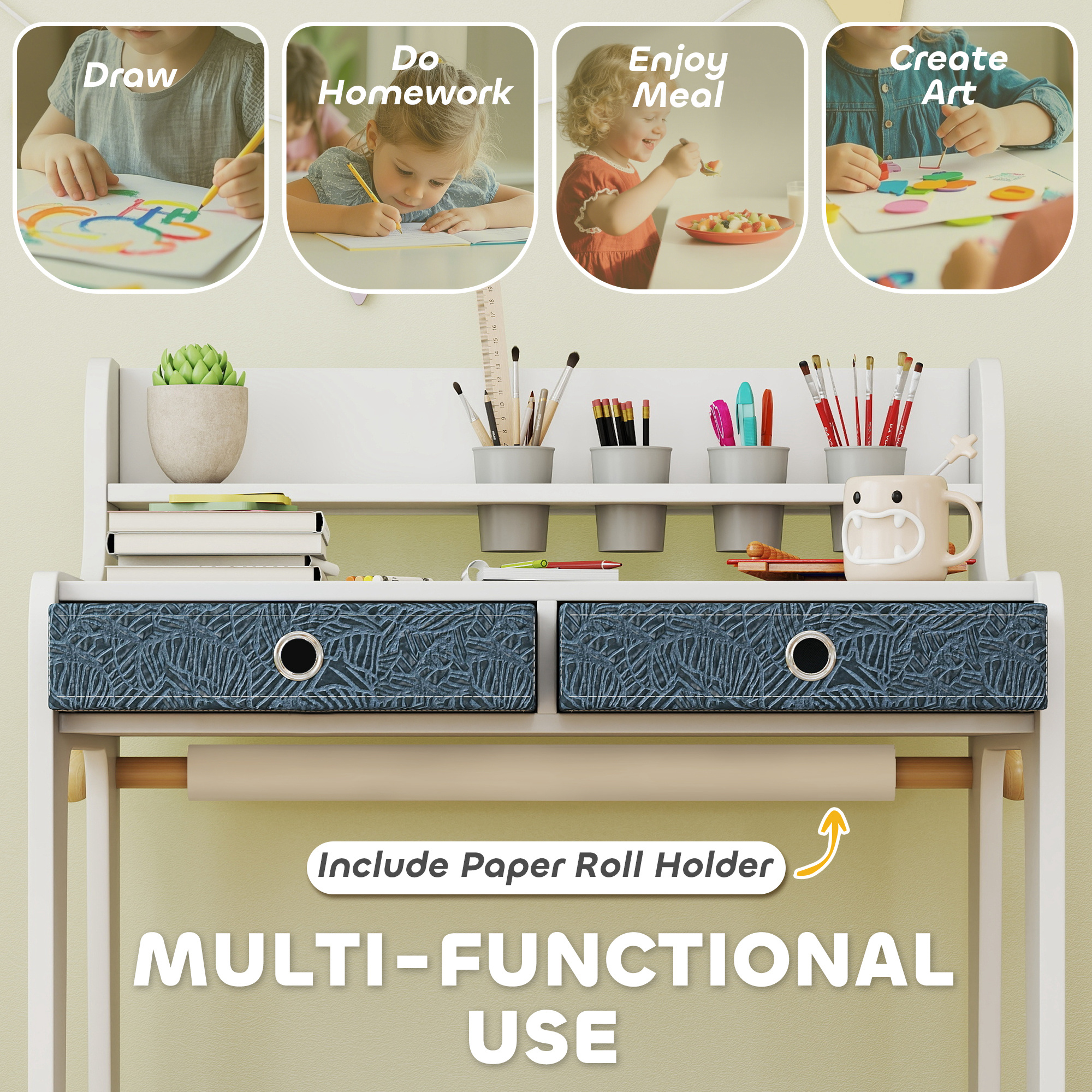 AIYAPLAY Art Table and Chair Set for children, Kids Art Desk and Chair Set with Storage Shelf and Drawers 4
